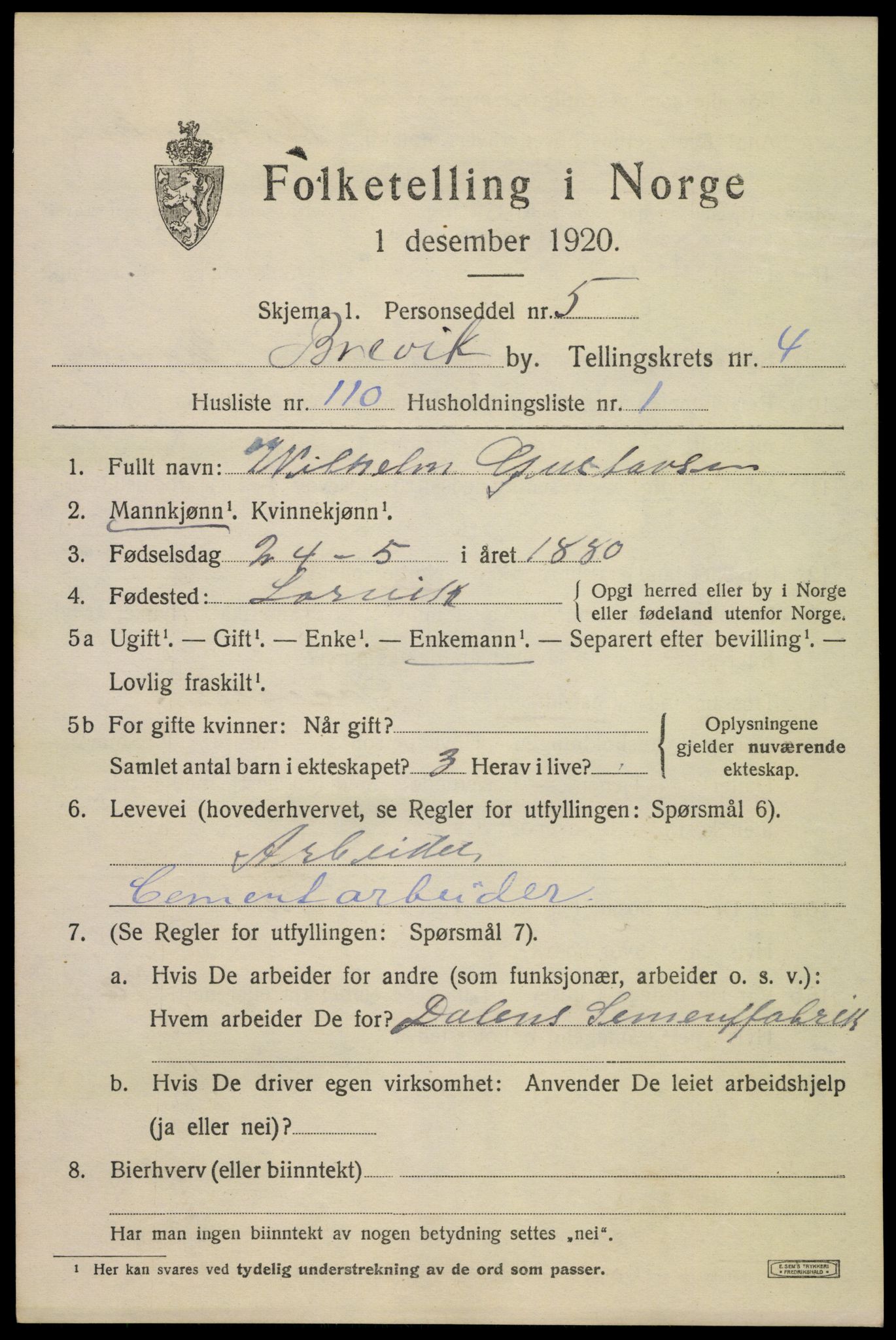 SAKO, 1920 census for Brevik, 1920, p. 7136