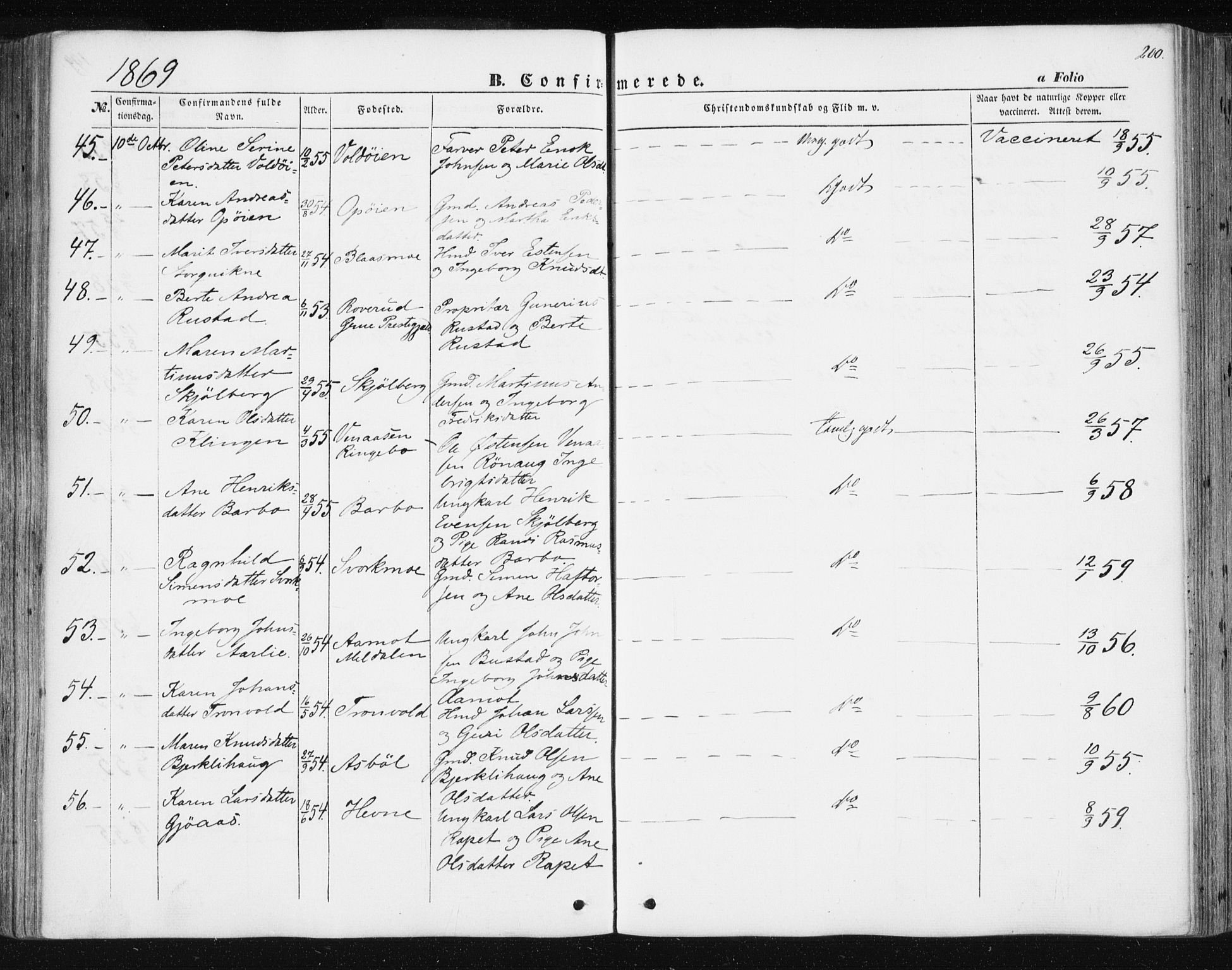 Ministerialprotokoller, klokkerbøker og fødselsregistre - Sør-Trøndelag, SAT/A-1456/668/L0806: Parish register (official) no. 668A06, 1854-1869, p. 200