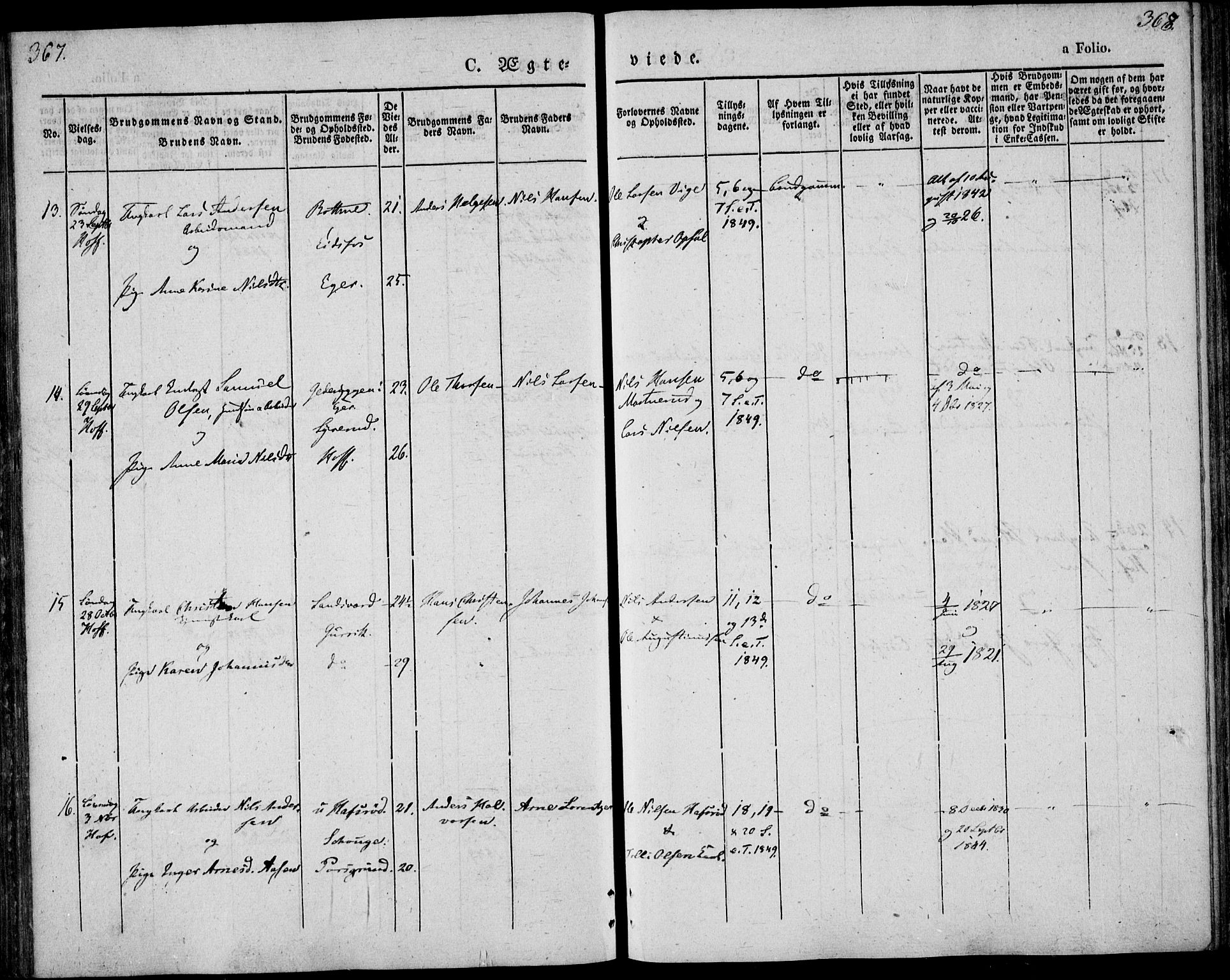 Hof kirkebøker, AV/SAKO-A-64/F/Fa/L0005: Parish register (official) no. I 5, 1844-1851, p. 367-368