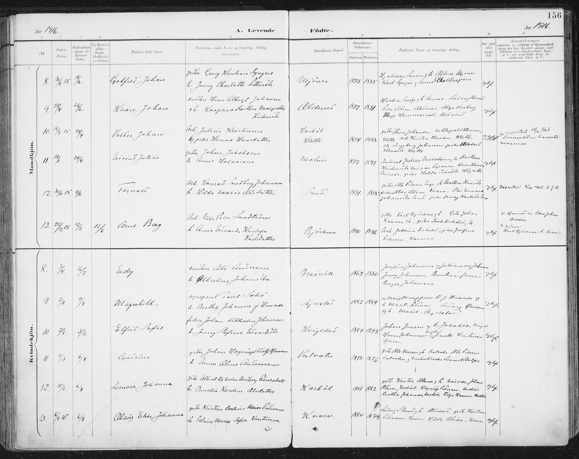 Ministerialprotokoller, klokkerbøker og fødselsregistre - Nordland, AV/SAT-A-1459/852/L0741: Parish register (official) no. 852A11, 1894-1917, p. 156