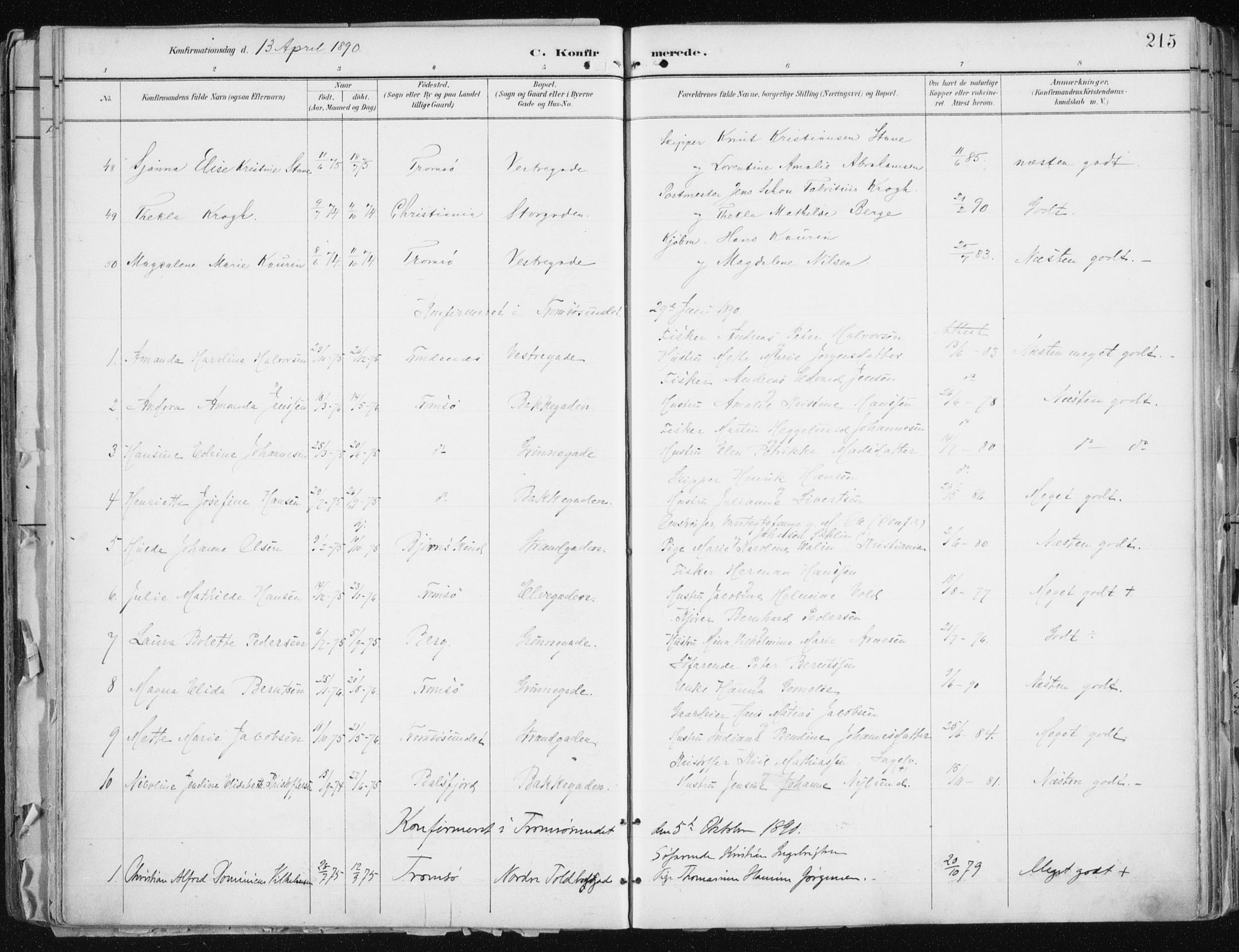 Tromsø sokneprestkontor/stiftsprosti/domprosti, SATØ/S-1343/G/Ga/L0015kirke: Parish register (official) no. 15, 1889-1899, p. 215