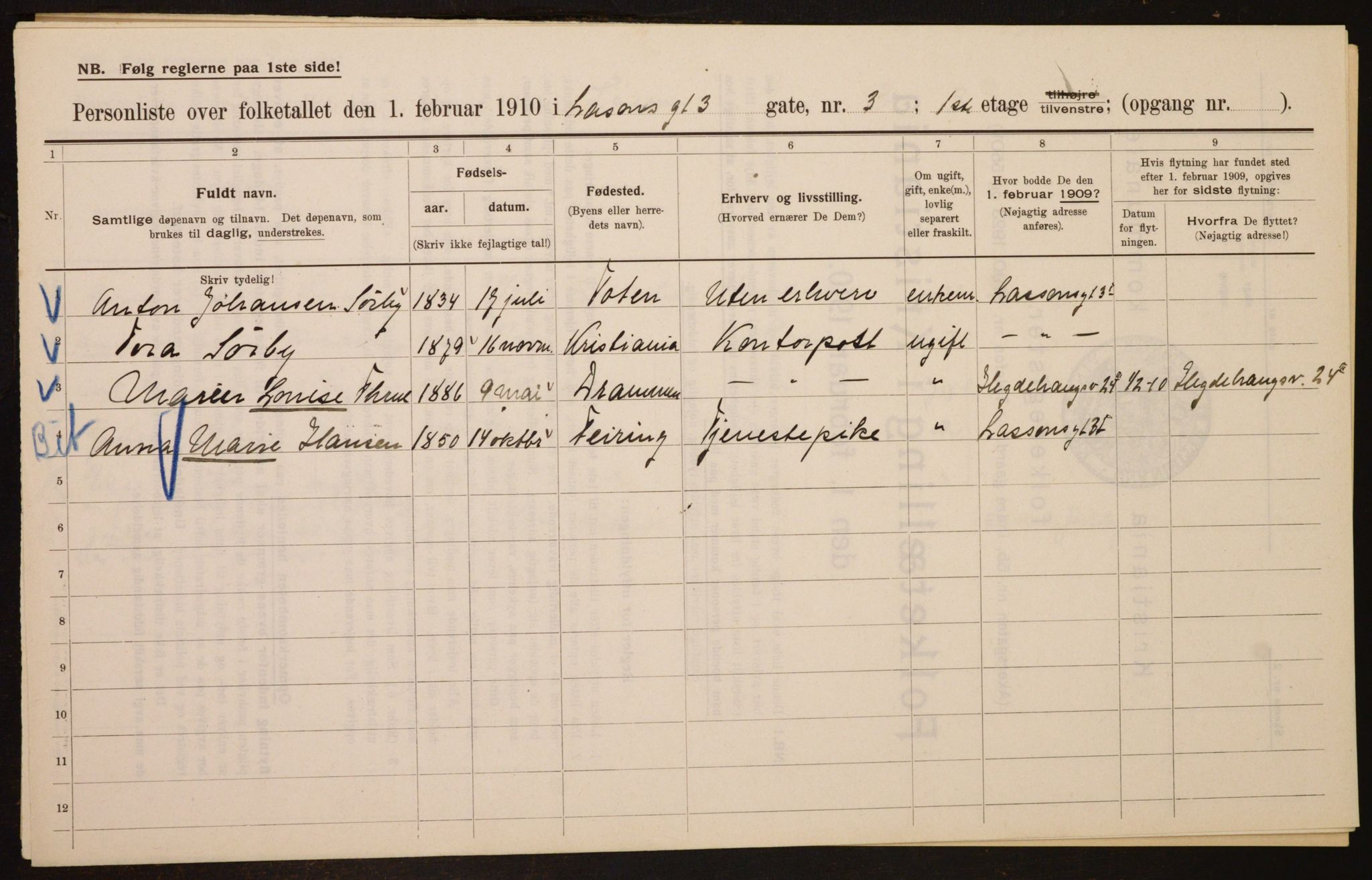 OBA, Municipal Census 1910 for Kristiania, 1910, p. 55278