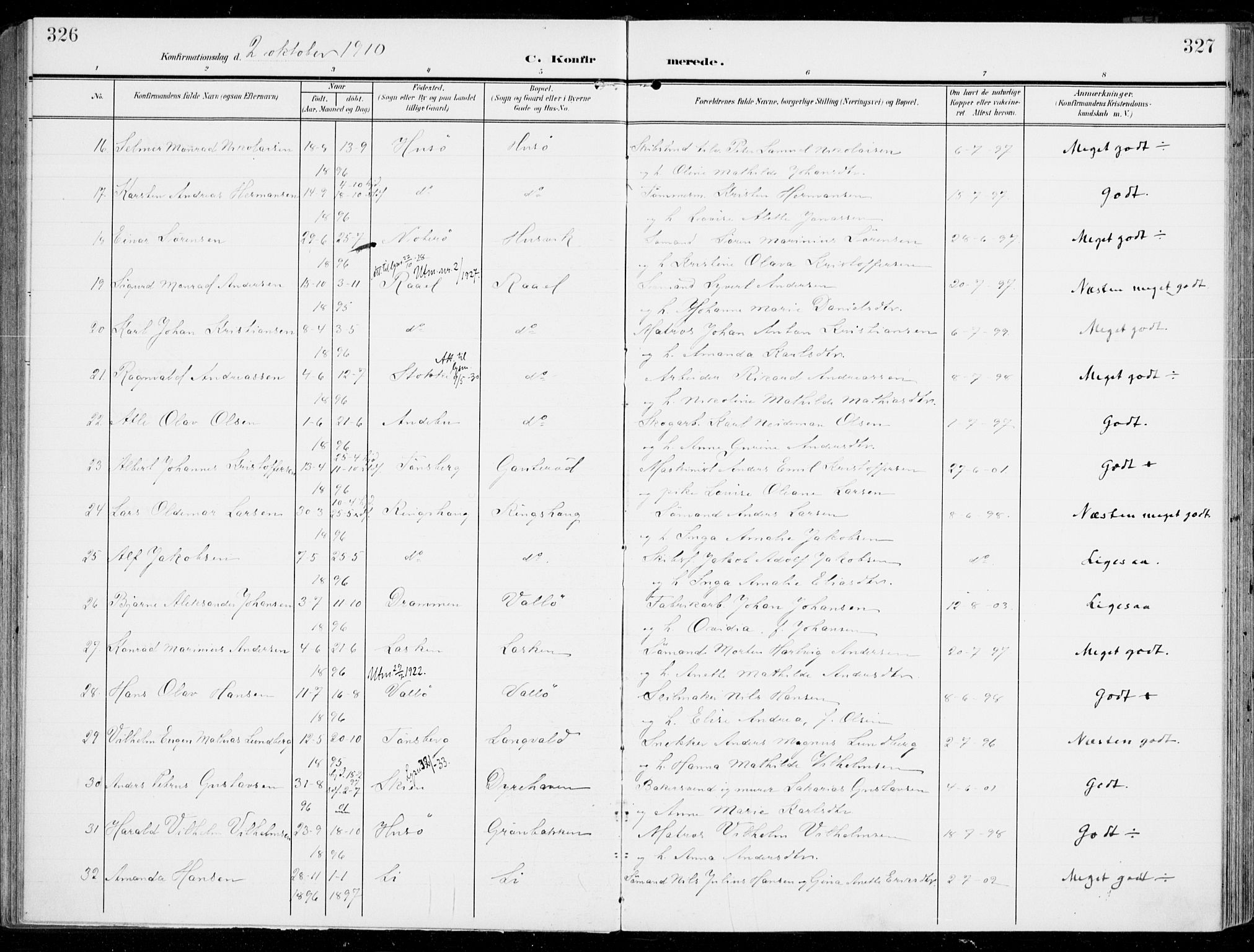 Sem kirkebøker, AV/SAKO-A-5/F/Fb/L0006: Parish register (official) no. II 6, 1905-1918, p. 326-327