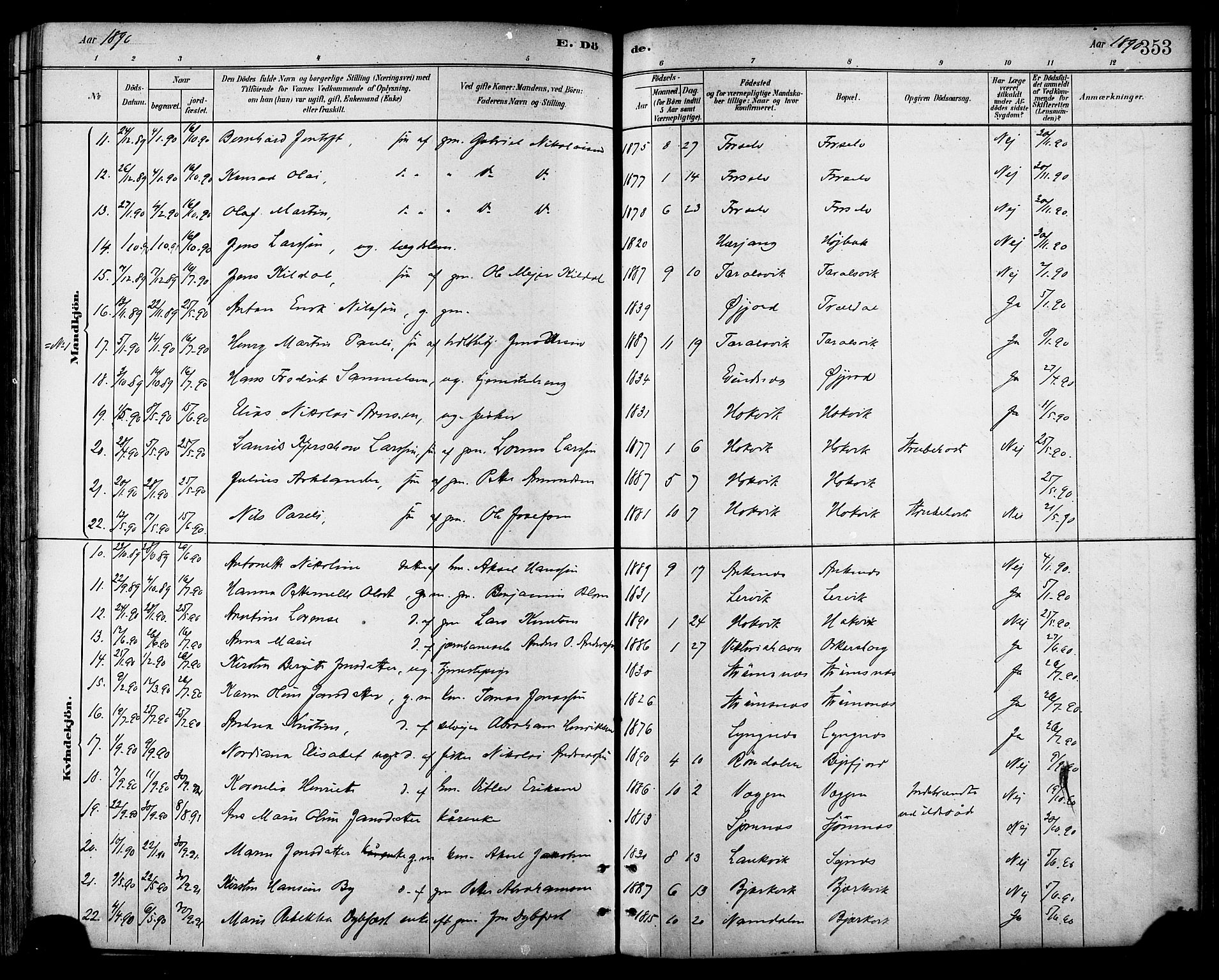 Ministerialprotokoller, klokkerbøker og fødselsregistre - Nordland, SAT/A-1459/866/L0938: Parish register (official) no. 866A01, 1879-1893, p. 353