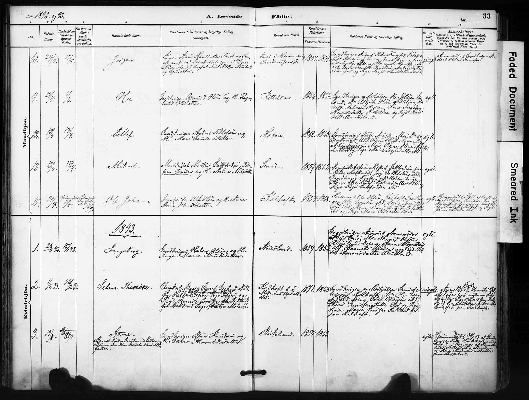 Evje sokneprestkontor, SAK/1111-0008/F/Fa/Fab/L0003: Parish register (official) no. A 3, 1884-1909, p. 33