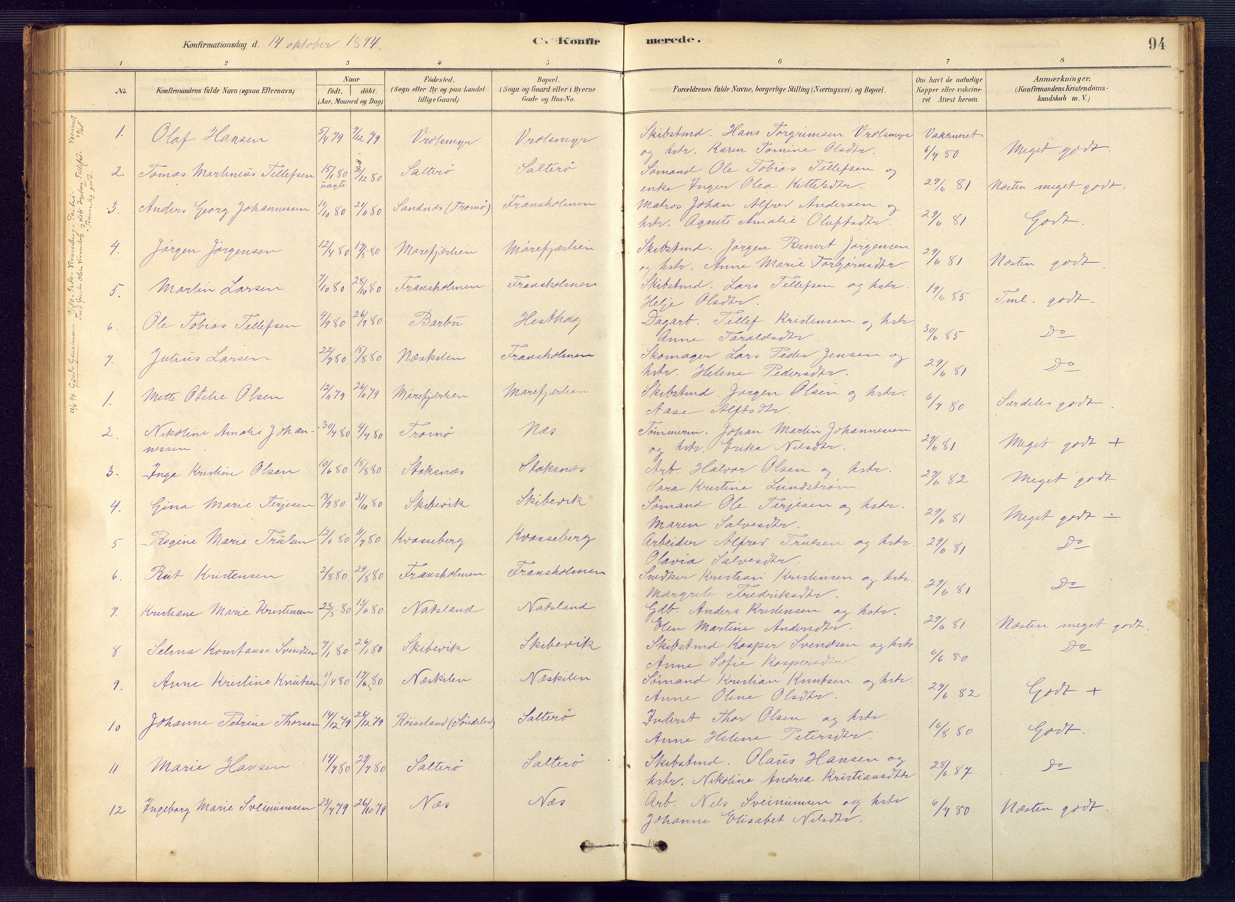 Austre Moland sokneprestkontor, AV/SAK-1111-0001/F/Fb/Fbb/L0001: Parish register (copy) no. B 1, 1878-1904, p. 94