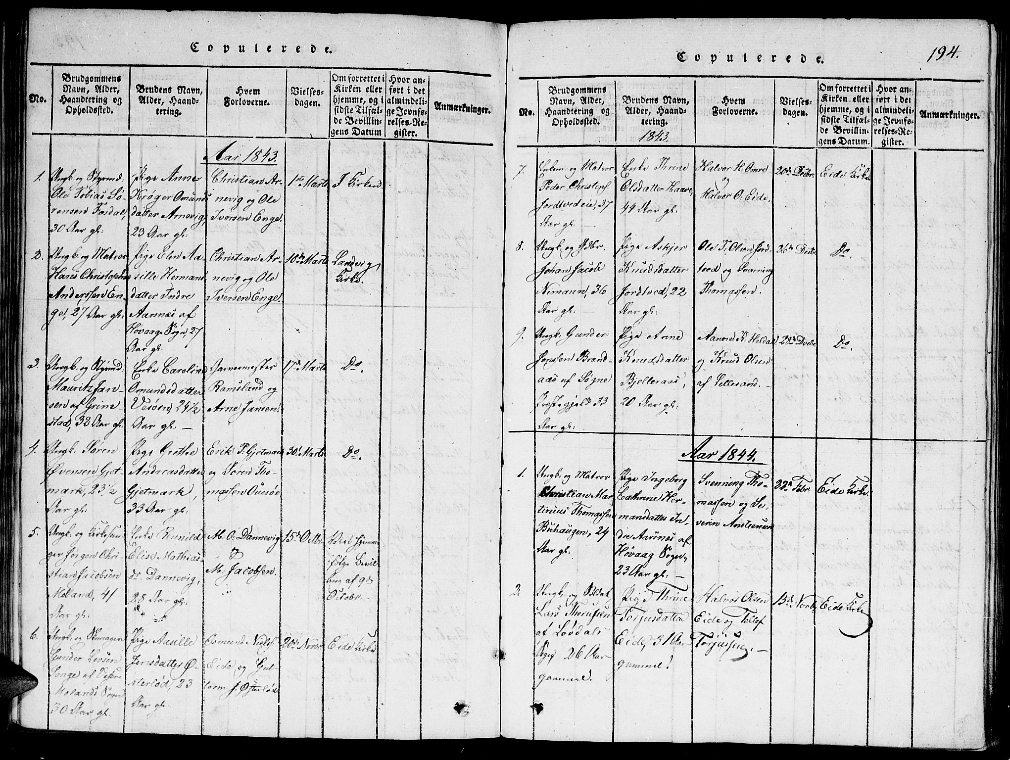 Hommedal sokneprestkontor, SAK/1111-0023/F/Fa/Faa/L0001: Parish register (official) no. A 1, 1816-1860, p. 194
