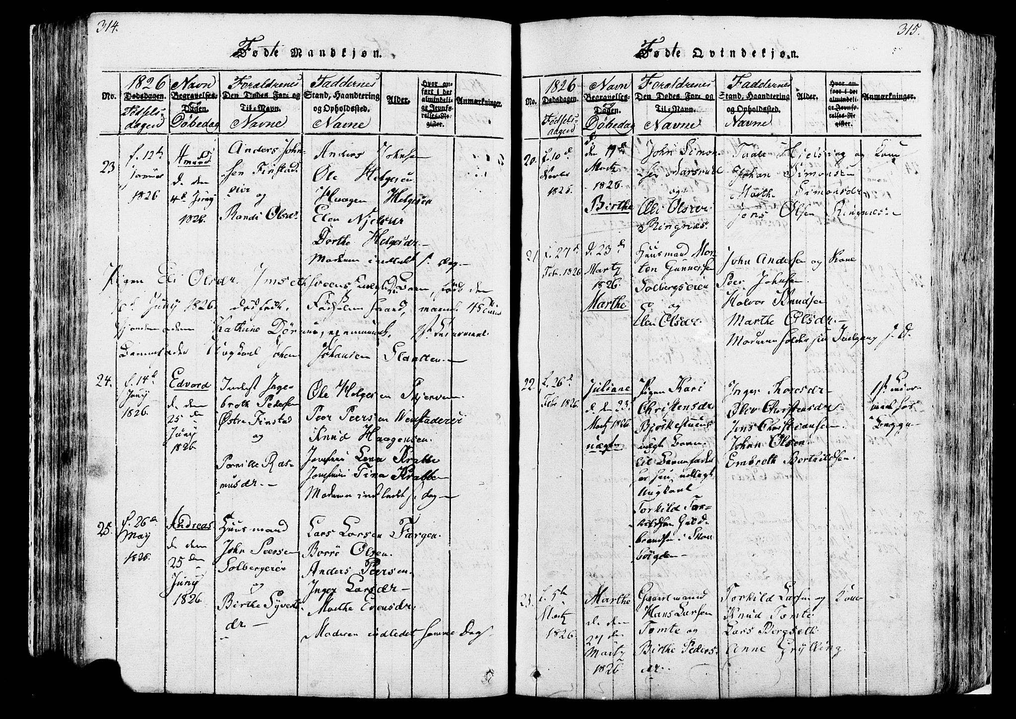 Løten prestekontor, AV/SAH-PREST-022/K/Ka/L0005: Parish register (official) no. 5, 1814-1832, p. 314-315