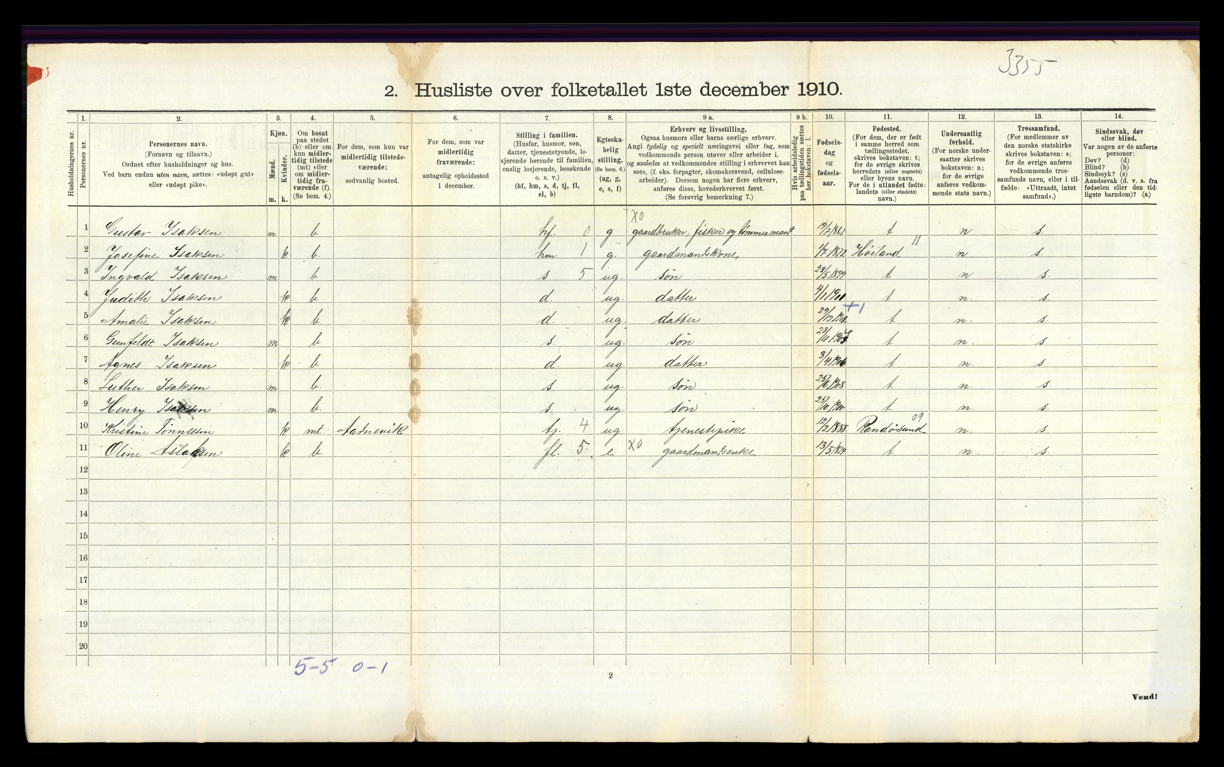 RA, 1910 census for Høvåg, 1910, p. 494