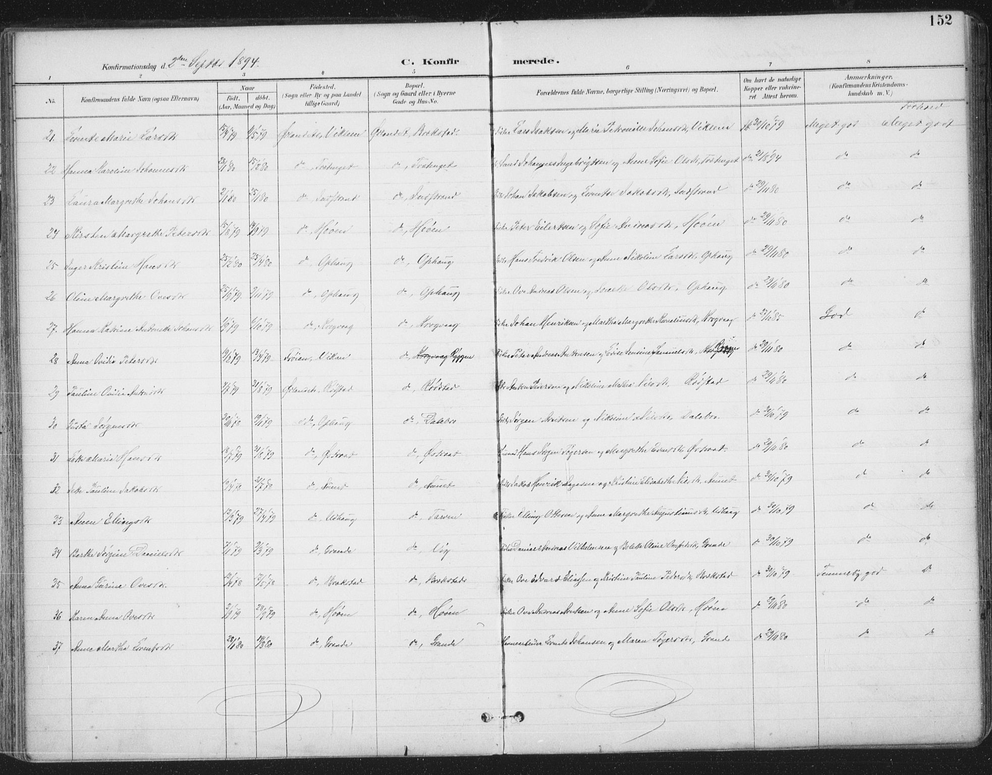 Ministerialprotokoller, klokkerbøker og fødselsregistre - Sør-Trøndelag, AV/SAT-A-1456/659/L0743: Parish register (official) no. 659A13, 1893-1910, p. 152