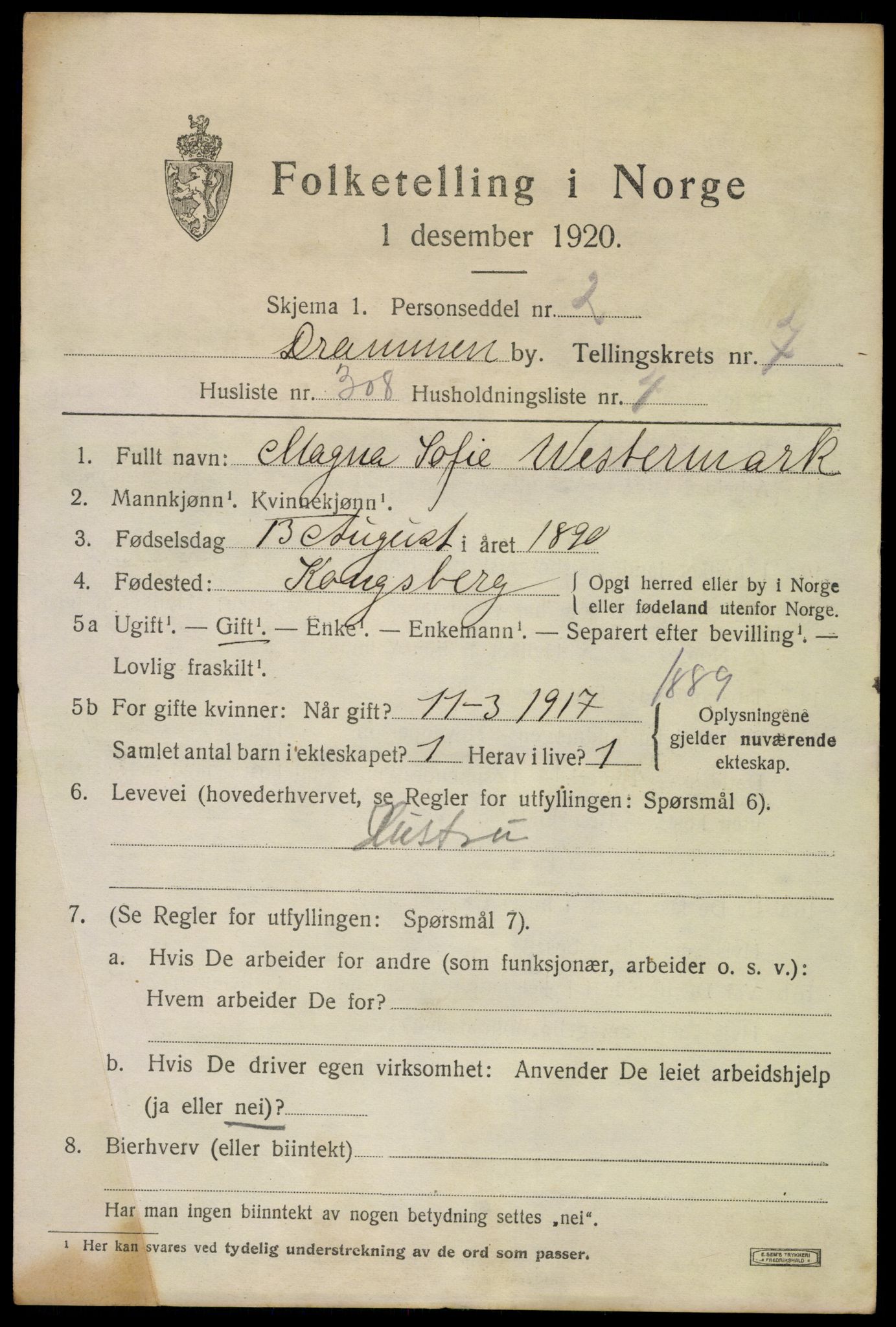 SAKO, 1920 census for Drammen, 1920, p. 53055