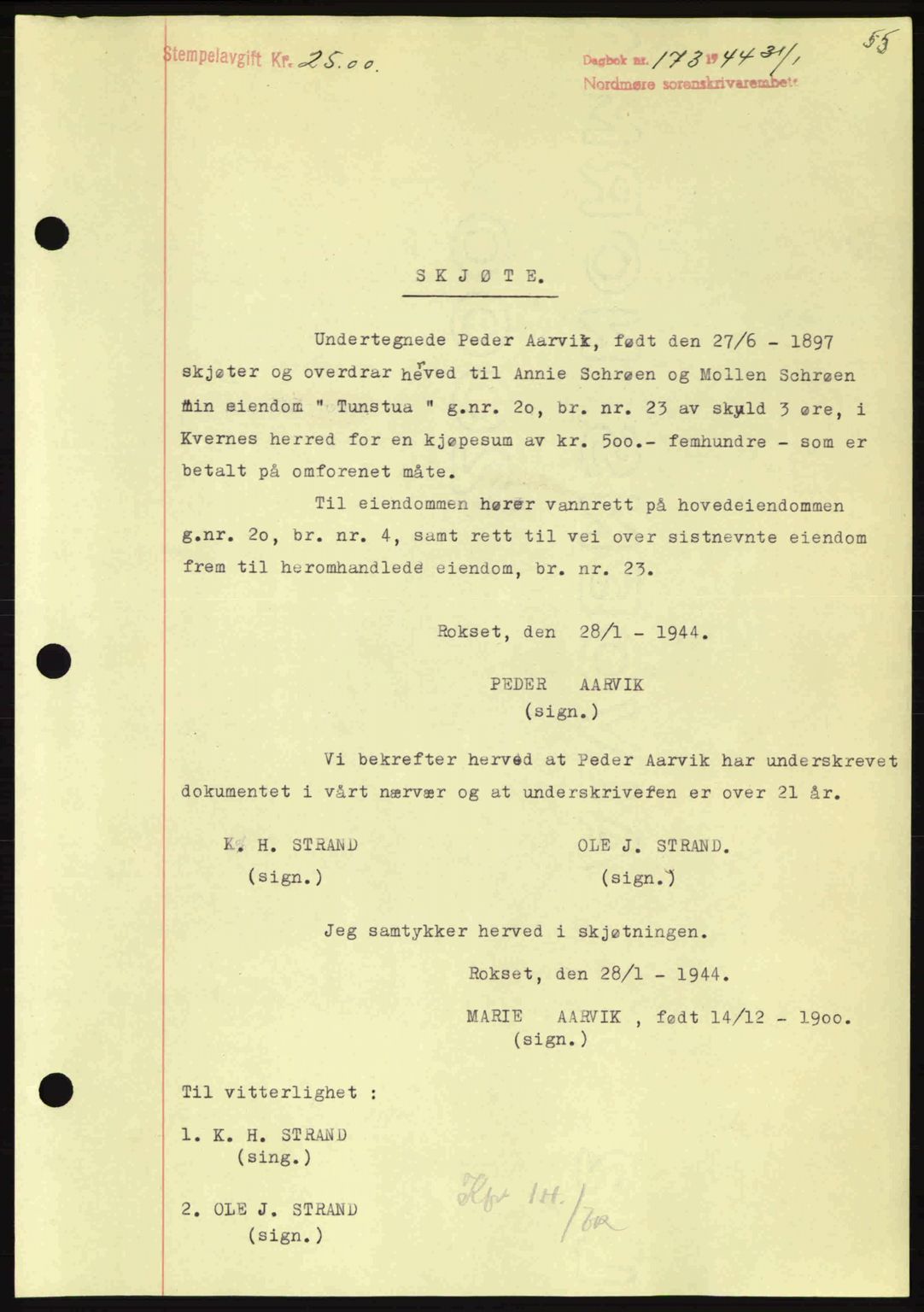 Nordmøre sorenskriveri, AV/SAT-A-4132/1/2/2Ca: Mortgage book no. A97, 1944-1944, Diary no: : 173/1944