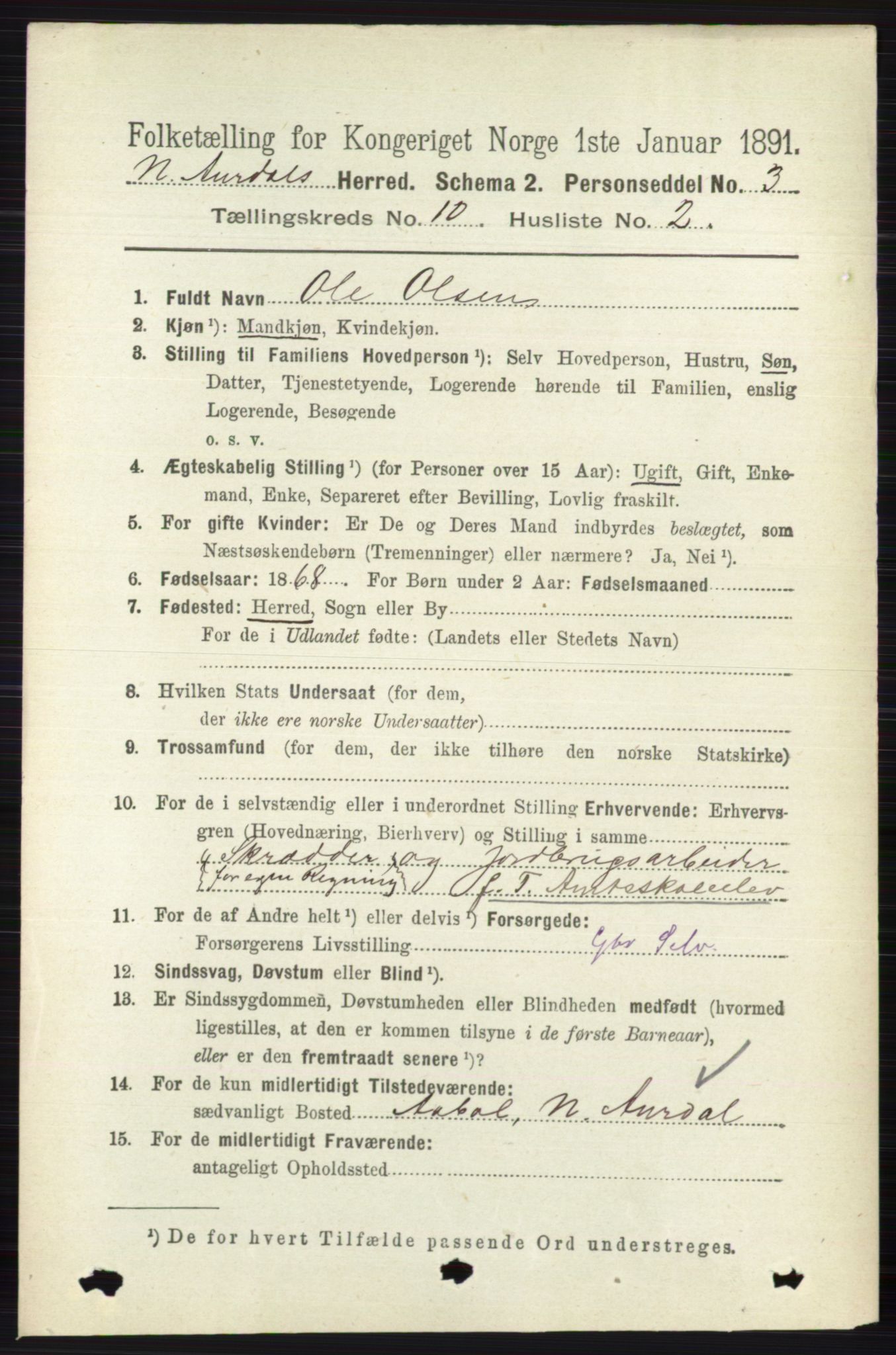 RA, 1891 census for 0542 Nord-Aurdal, 1891, p. 3741