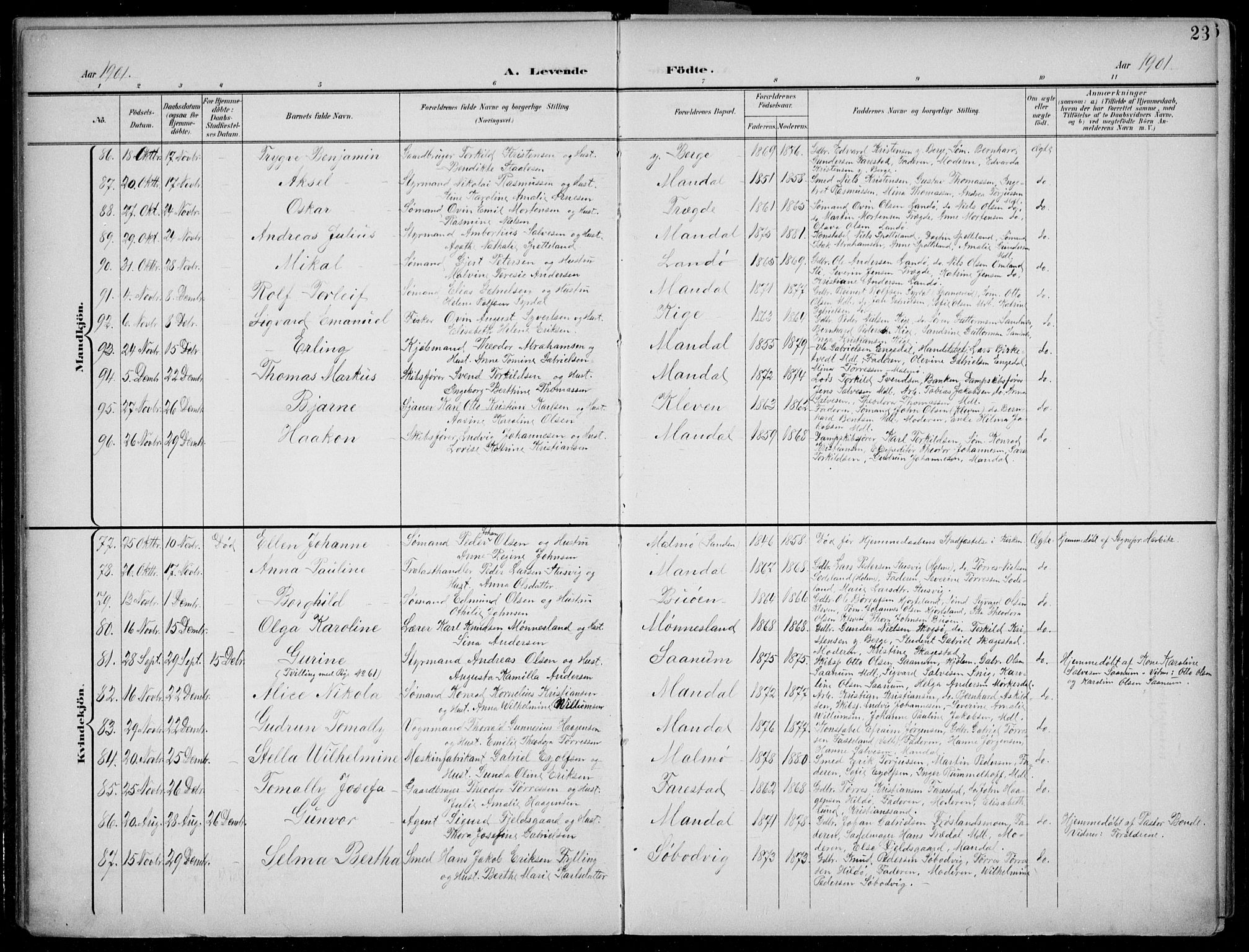 Mandal sokneprestkontor, AV/SAK-1111-0030/F/Fb/Fba/L0012: Parish register (copy) no. B 6, 1899-1918, p. 23