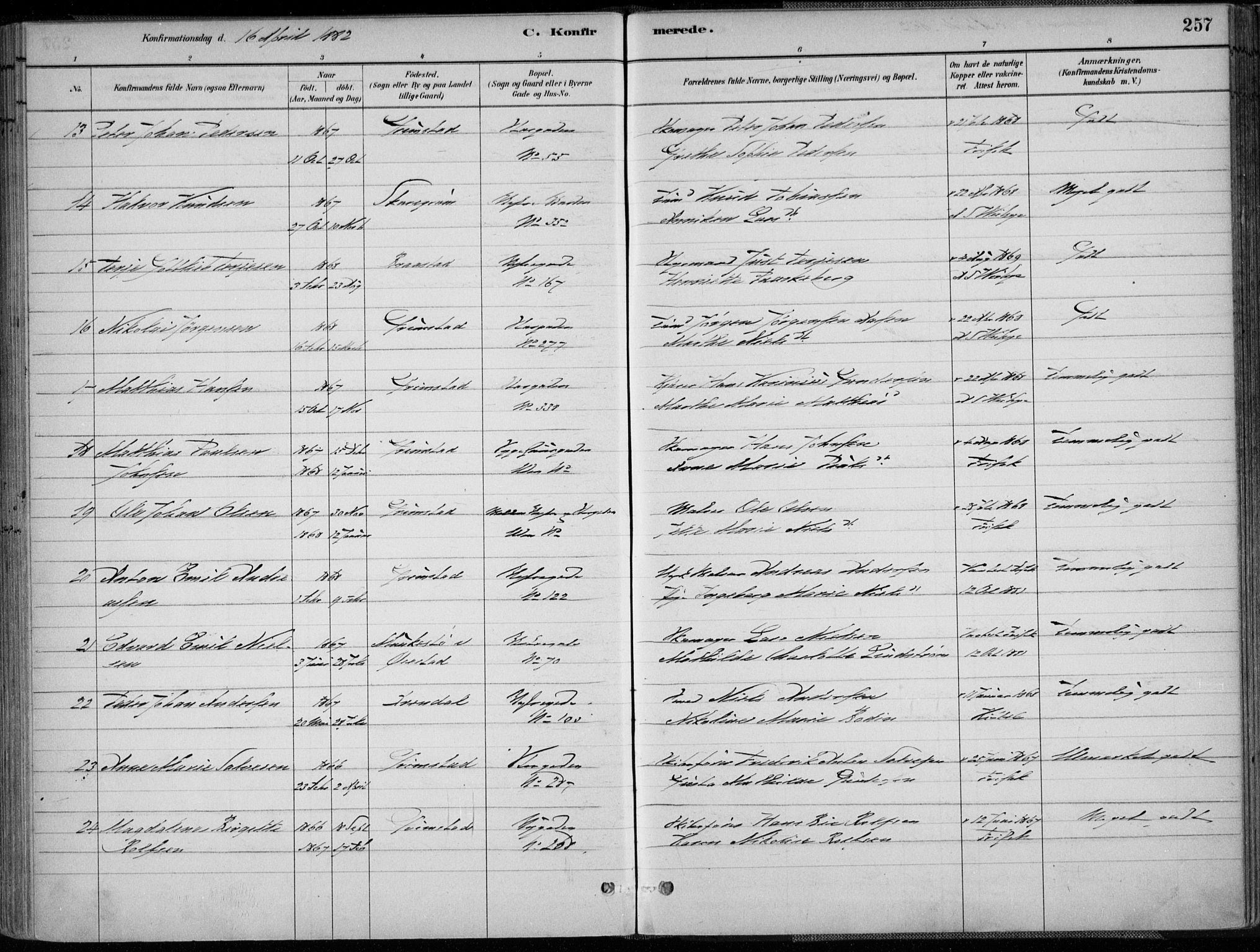 Grimstad sokneprestkontor, SAK/1111-0017/F/Fa/L0003: Parish register (official) no. A 2, 1882-1912, p. 257