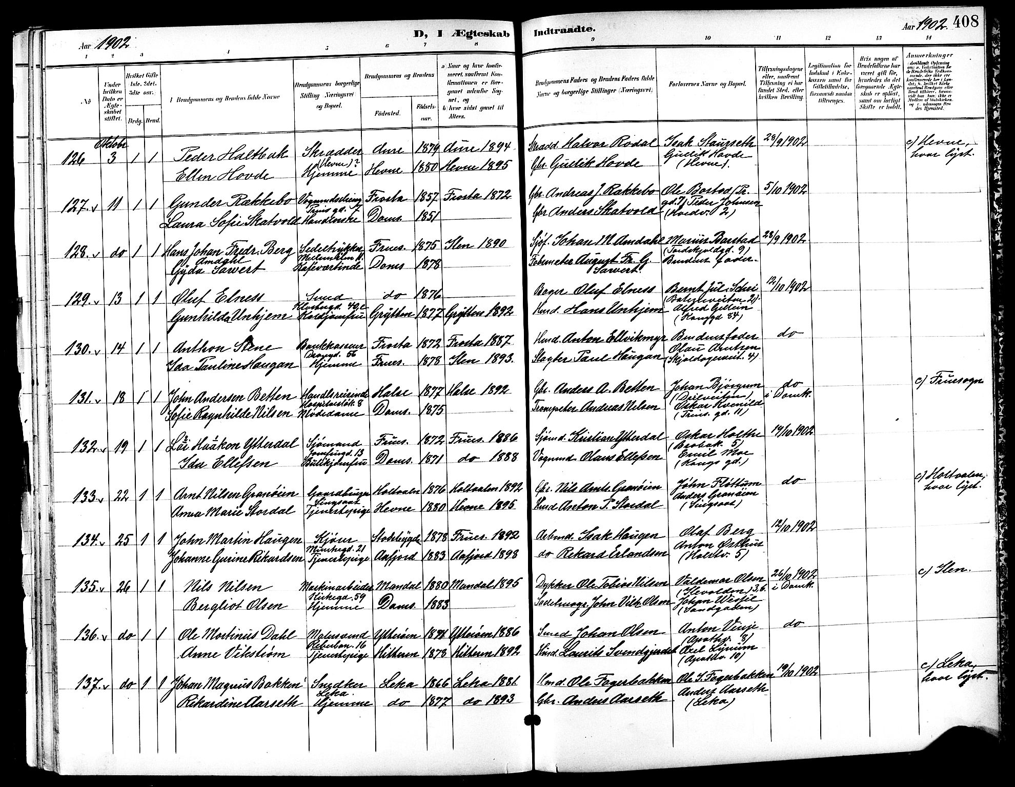Ministerialprotokoller, klokkerbøker og fødselsregistre - Sør-Trøndelag, SAT/A-1456/601/L0094: Parish register (copy) no. 601C12, 1898-1911, p. 408