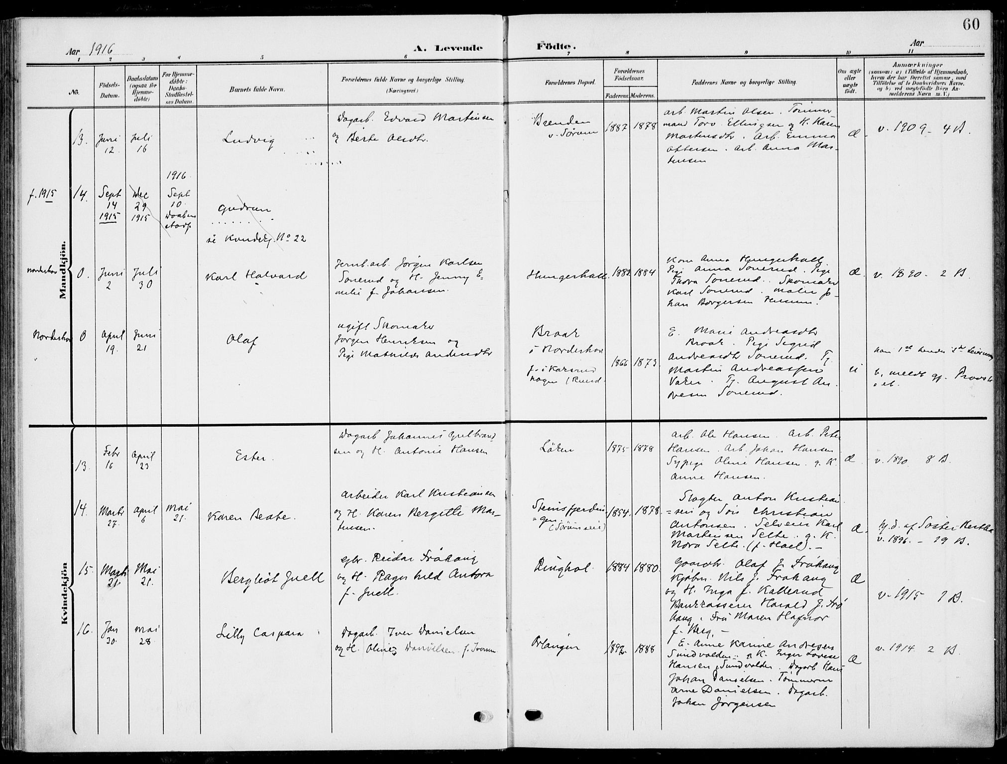 Hole kirkebøker, AV/SAKO-A-228/F/Fa/L0010: Parish register (official) no. I 10, 1907-1917, p. 60