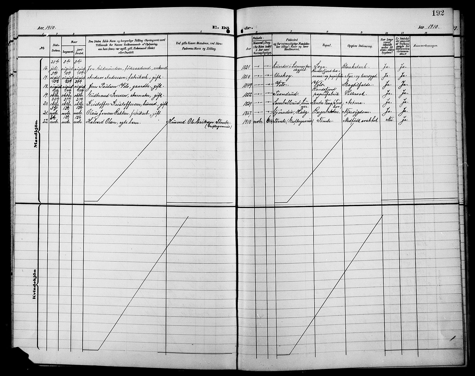 Jevnaker prestekontor, SAH/PREST-116/H/Ha/Hab/L0004: Parish register (copy) no. 4, 1907-1918, p. 192