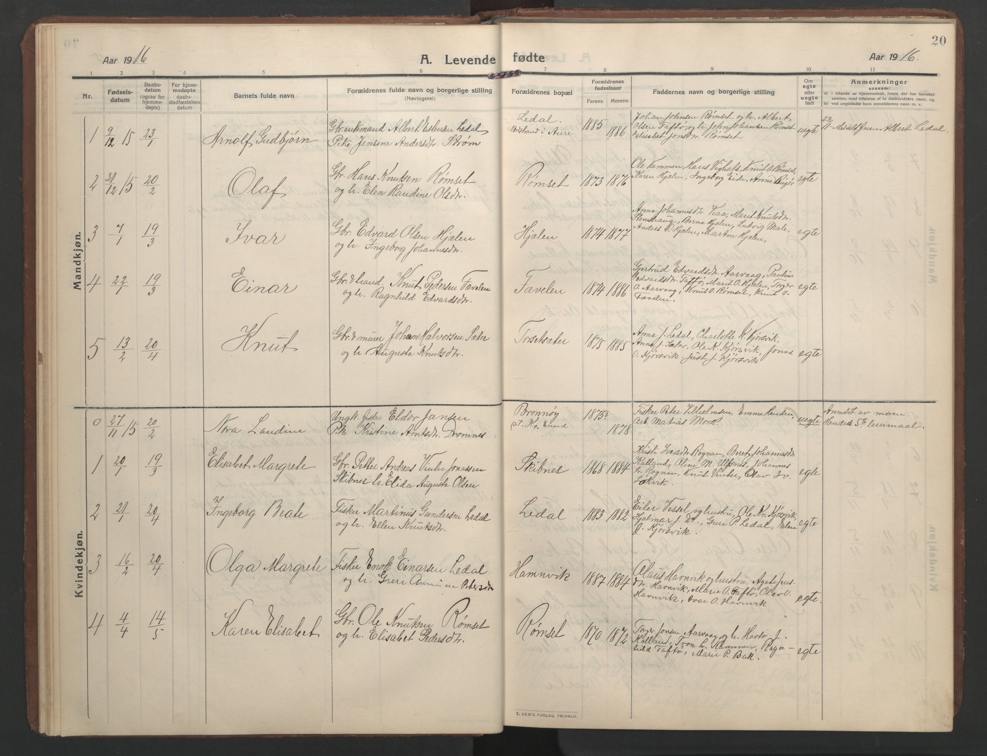 Ministerialprotokoller, klokkerbøker og fødselsregistre - Møre og Romsdal, AV/SAT-A-1454/579/L0919: Parish register (copy) no. 579C01, 1909-1957, p. 20