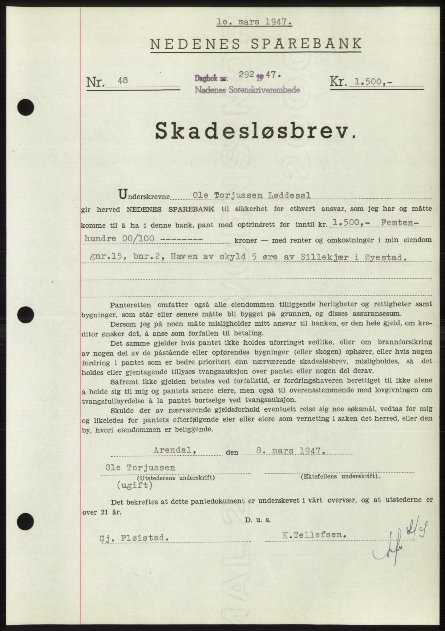 Nedenes sorenskriveri, AV/SAK-1221-0006/G/Gb/Gbb/L0004: Mortgage book no. B4, 1947-1947, Diary no: : 292/1947