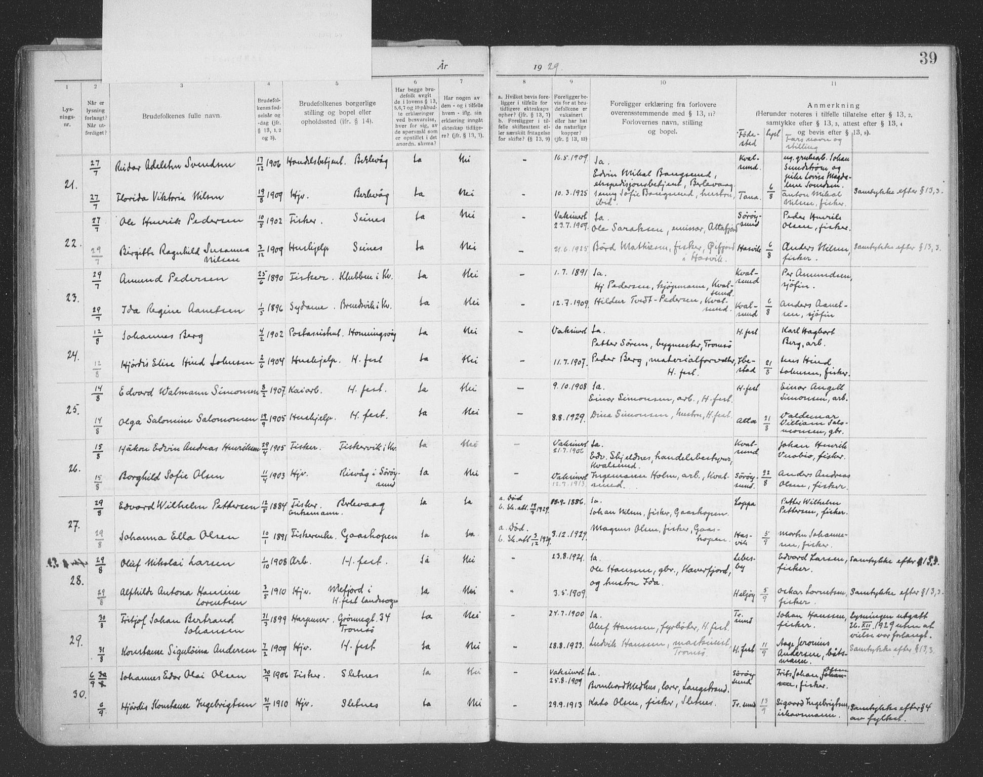 Hammerfest sokneprestkontor, AV/SATØ-S-1347/I/Ib/L0073: Banns register no. 73, 1921-1939, p. 39