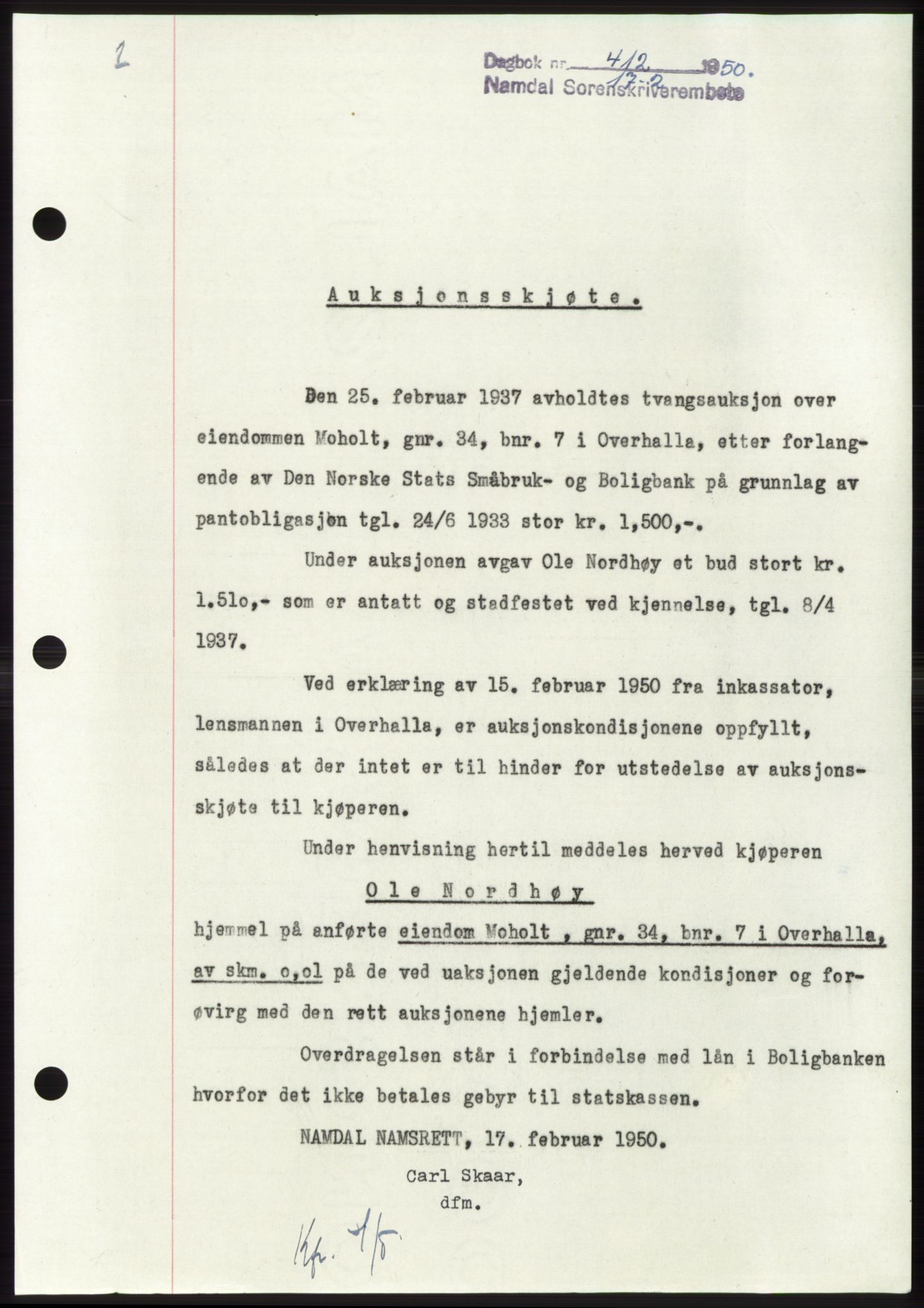 Namdal sorenskriveri, AV/SAT-A-4133/1/2/2C: Mortgage book no. -, 1950-1950, Diary no: : 412/1950