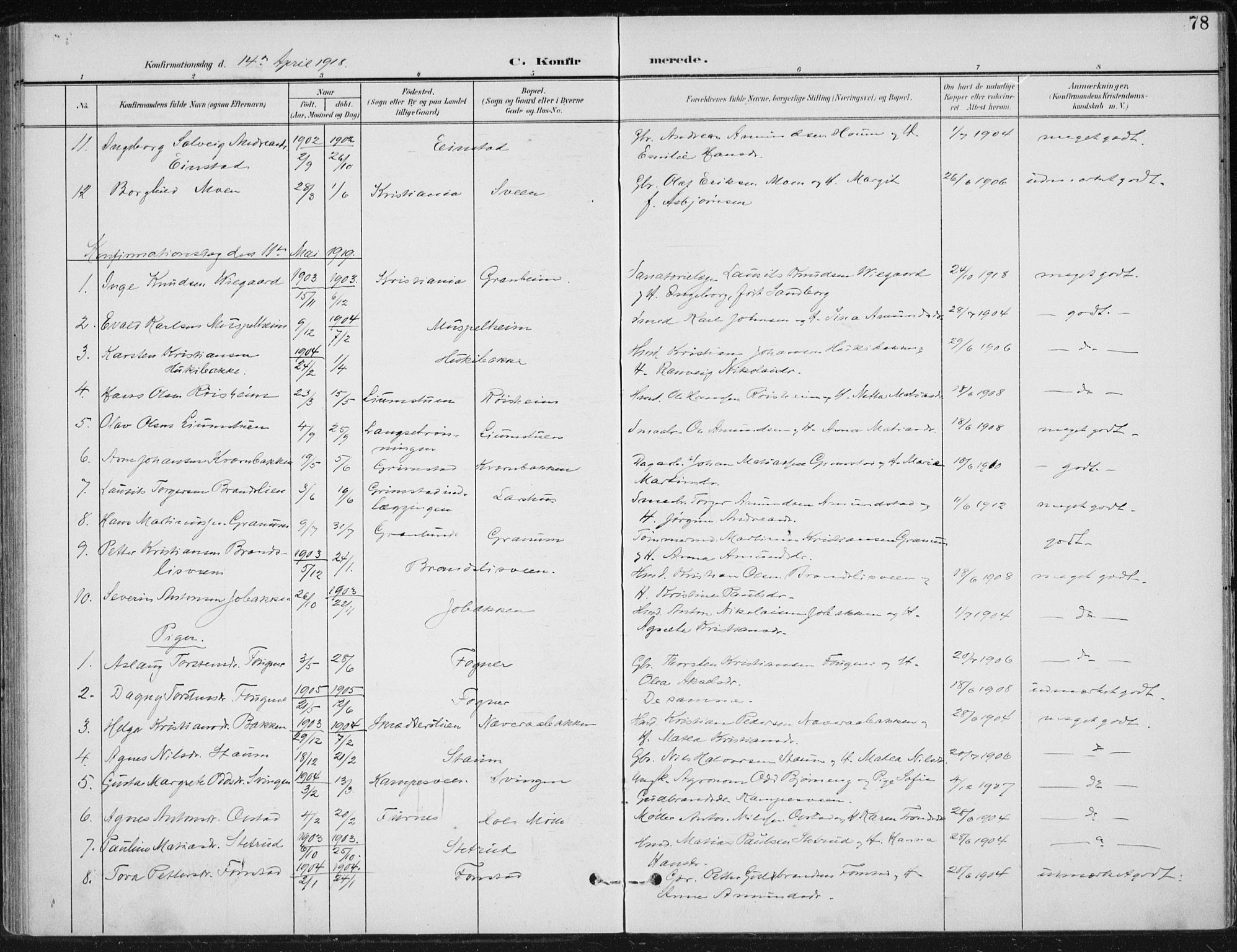 Østre Gausdal prestekontor, SAH/PREST-092/H/Ha/Haa/L0005: Parish register (official) no. 5, 1902-1920, p. 78