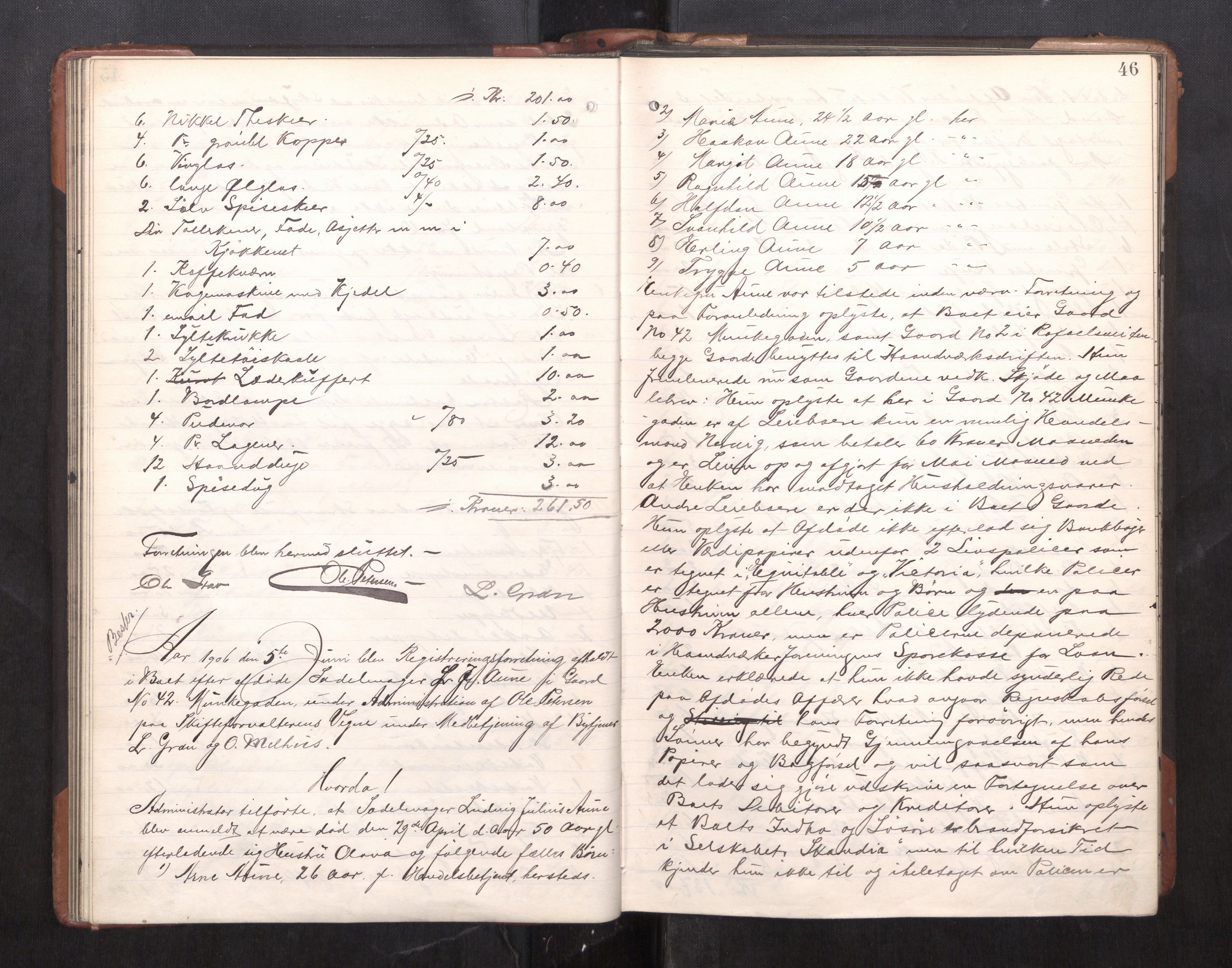 Trondheim byfogd, AV/SAT-A-0003/1/3/3C/L0025: Skifteregistreringsprotokoll - 24/1-14/7. (u/ register), 1906-1909, p. 46