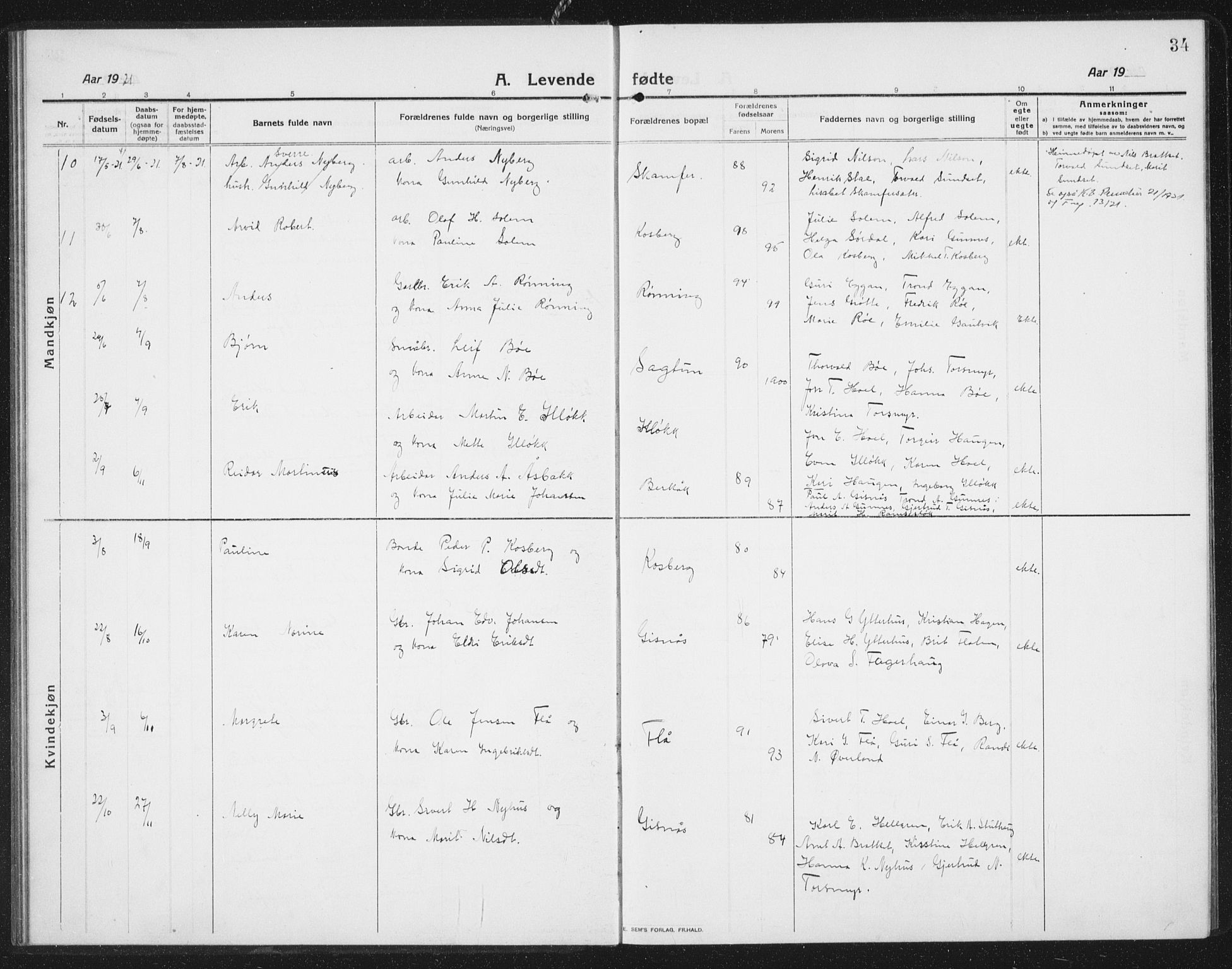 Ministerialprotokoller, klokkerbøker og fødselsregistre - Sør-Trøndelag, SAT/A-1456/675/L0888: Parish register (copy) no. 675C01, 1913-1935, p. 34