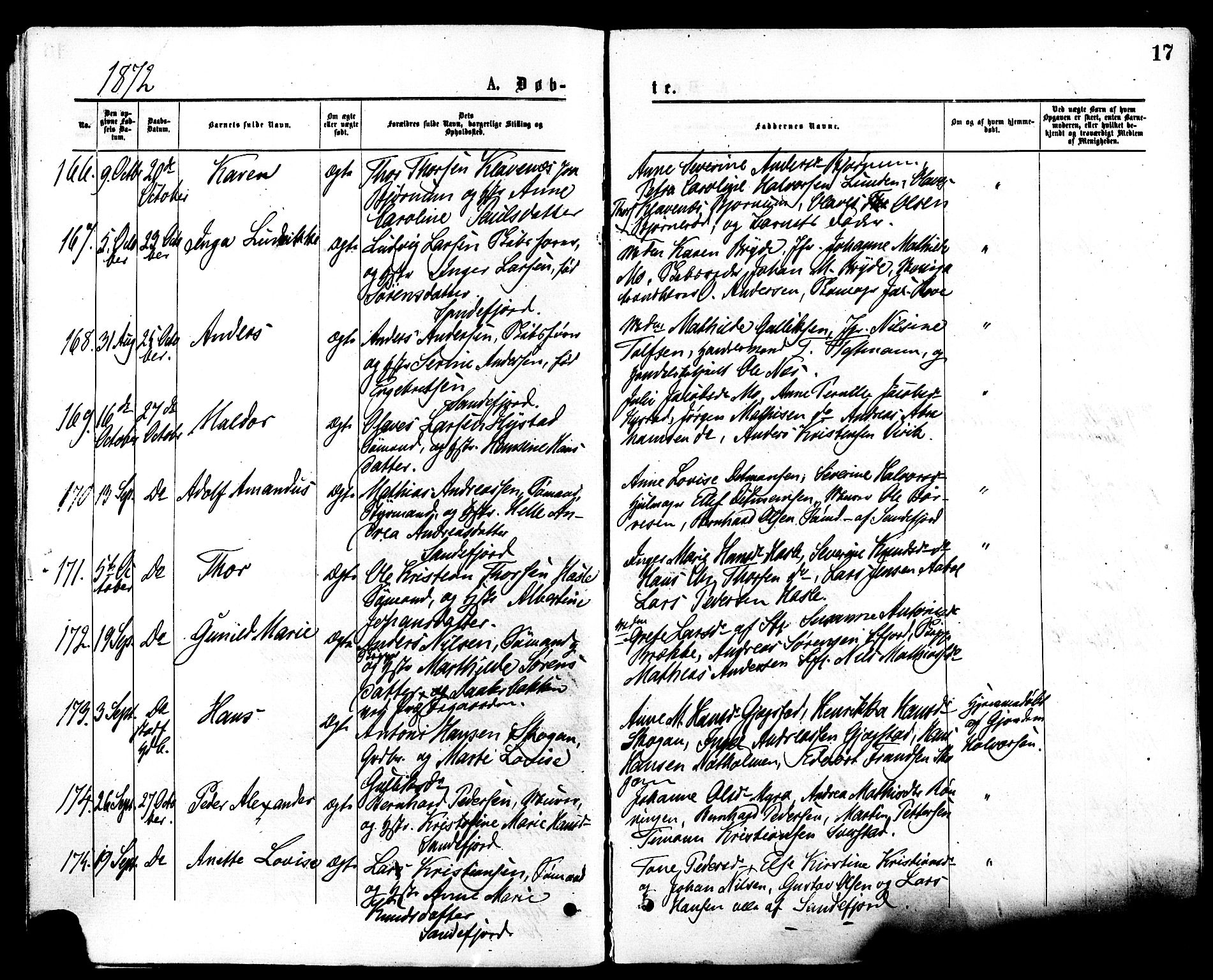 Sandar kirkebøker, SAKO/A-243/F/Fa/L0010: Parish register (official) no. 10, 1872-1882, p. 17