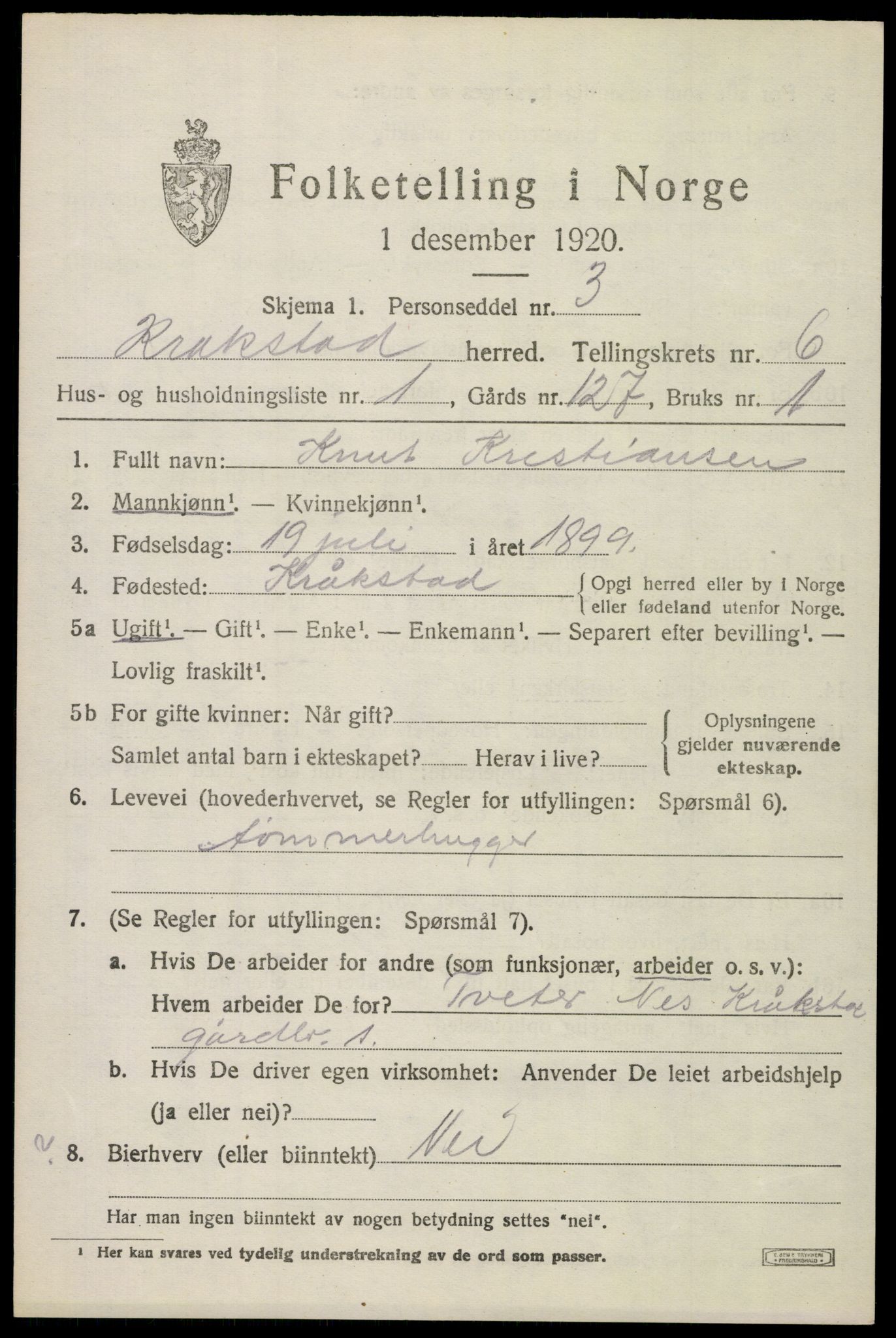 SAO, 1920 census for Kråkstad, 1920, p. 5765