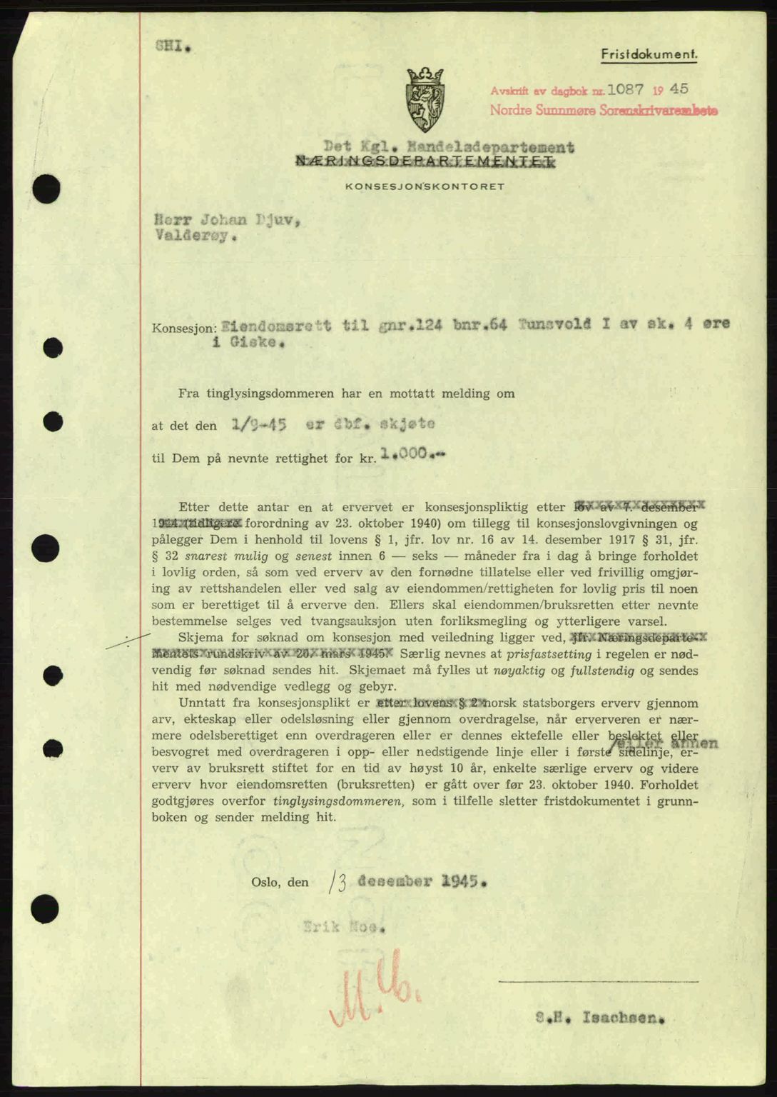 Nordre Sunnmøre sorenskriveri, SAT/A-0006/1/2/2C/2Ca: Mortgage book no. B6-14 a, 1942-1945, Diary no: : 1087/1945