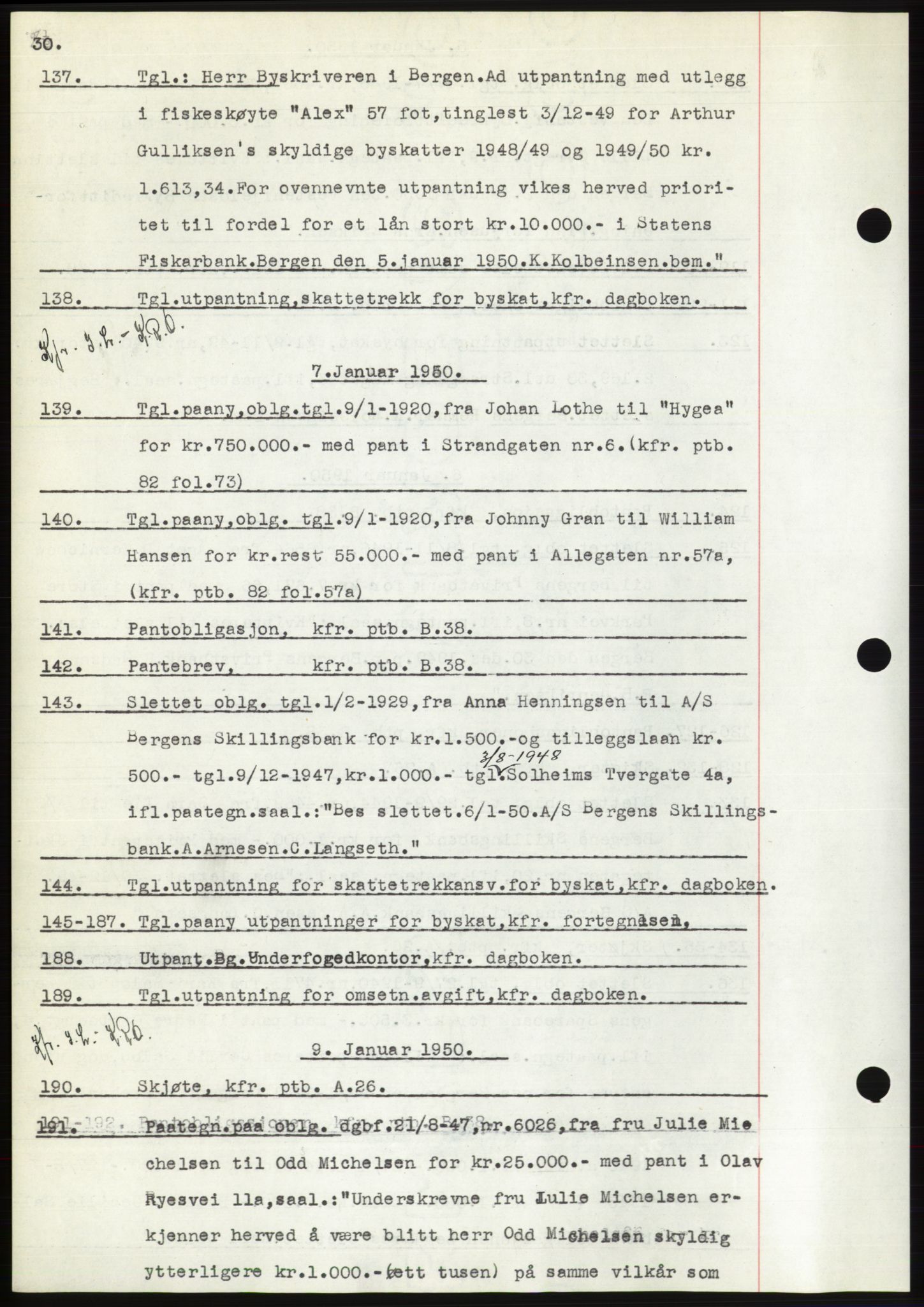Byfogd og Byskriver i Bergen, AV/SAB-A-3401/03: Mortgage book no. C 38, 1949-1950, Diary no: : 137/1950