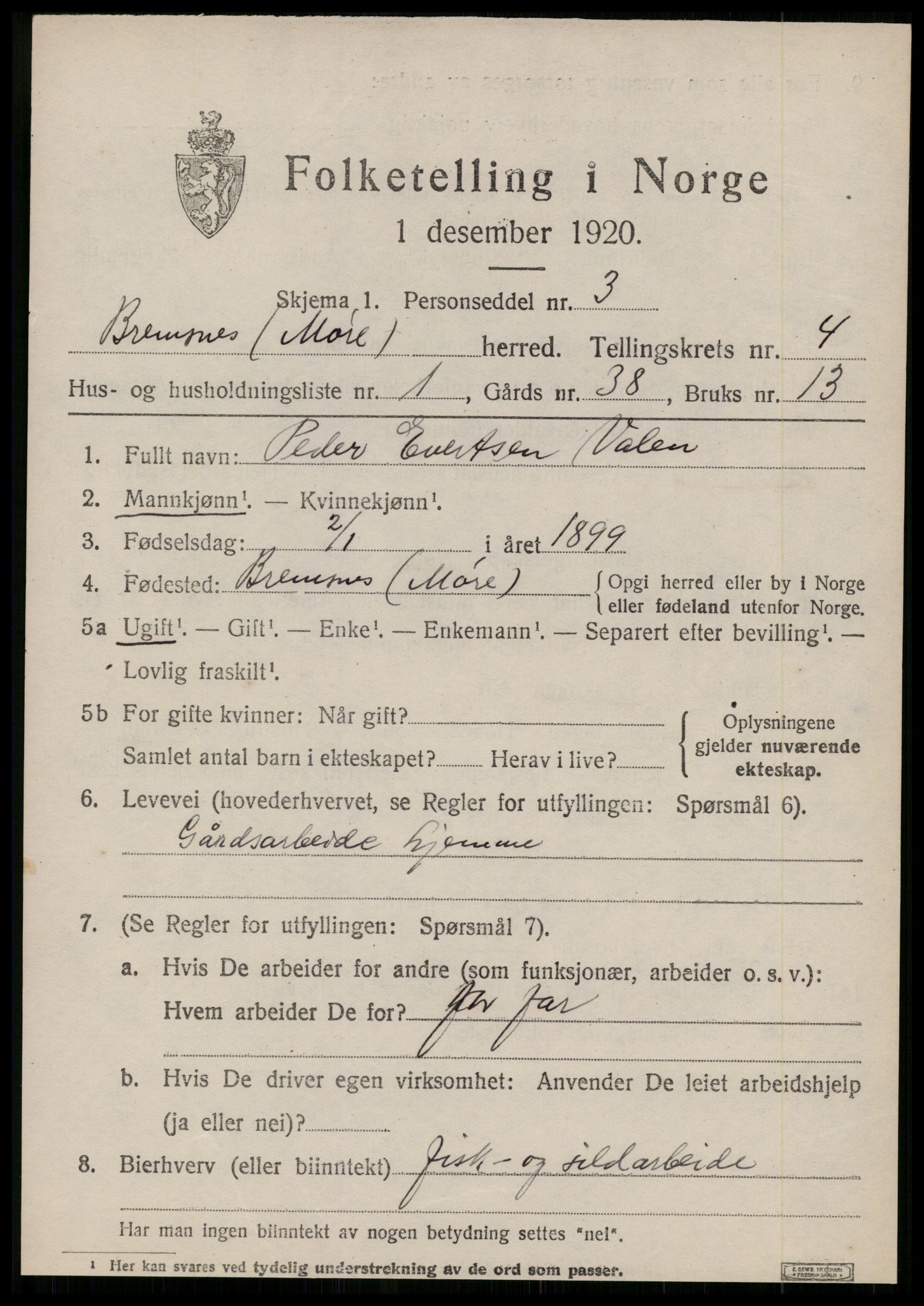 SAT, 1920 census for Bremsnes, 1920, p. 4237