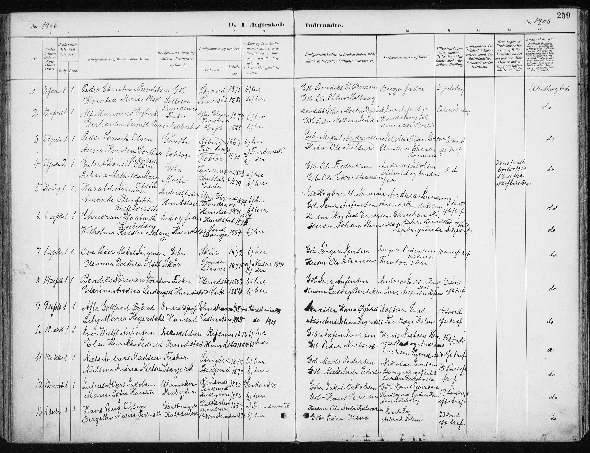 Kvæfjord sokneprestkontor, AV/SATØ-S-1323/G/Ga/Gaa/L0006kirke: Parish register (official) no. 6, 1895-1914, p. 259