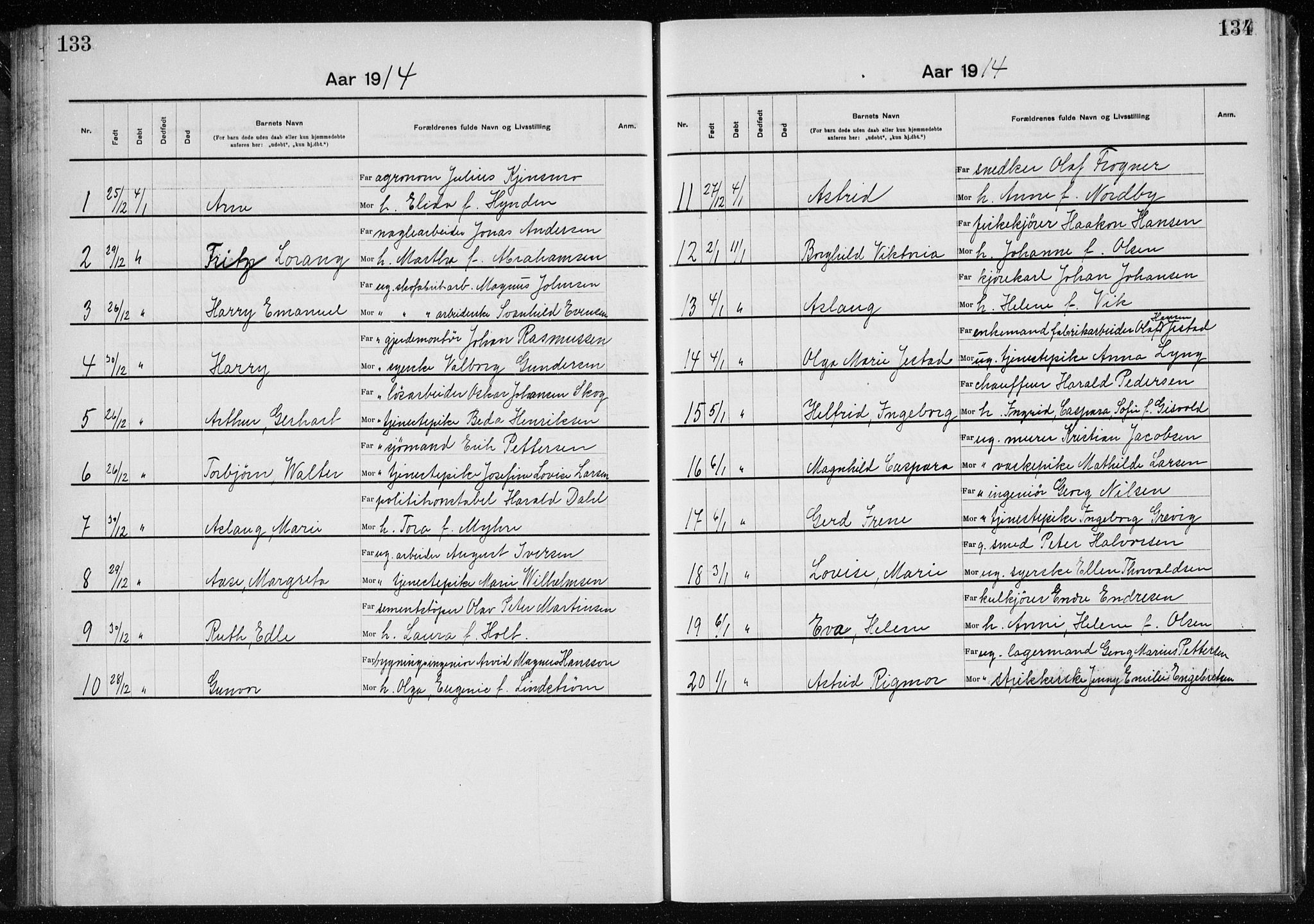 Rikshospitalet prestekontor Kirkebøker, SAO/A-10309b/K/L0007/0002: Baptism register no. 7.2, 1912-1914, p. 133-134
