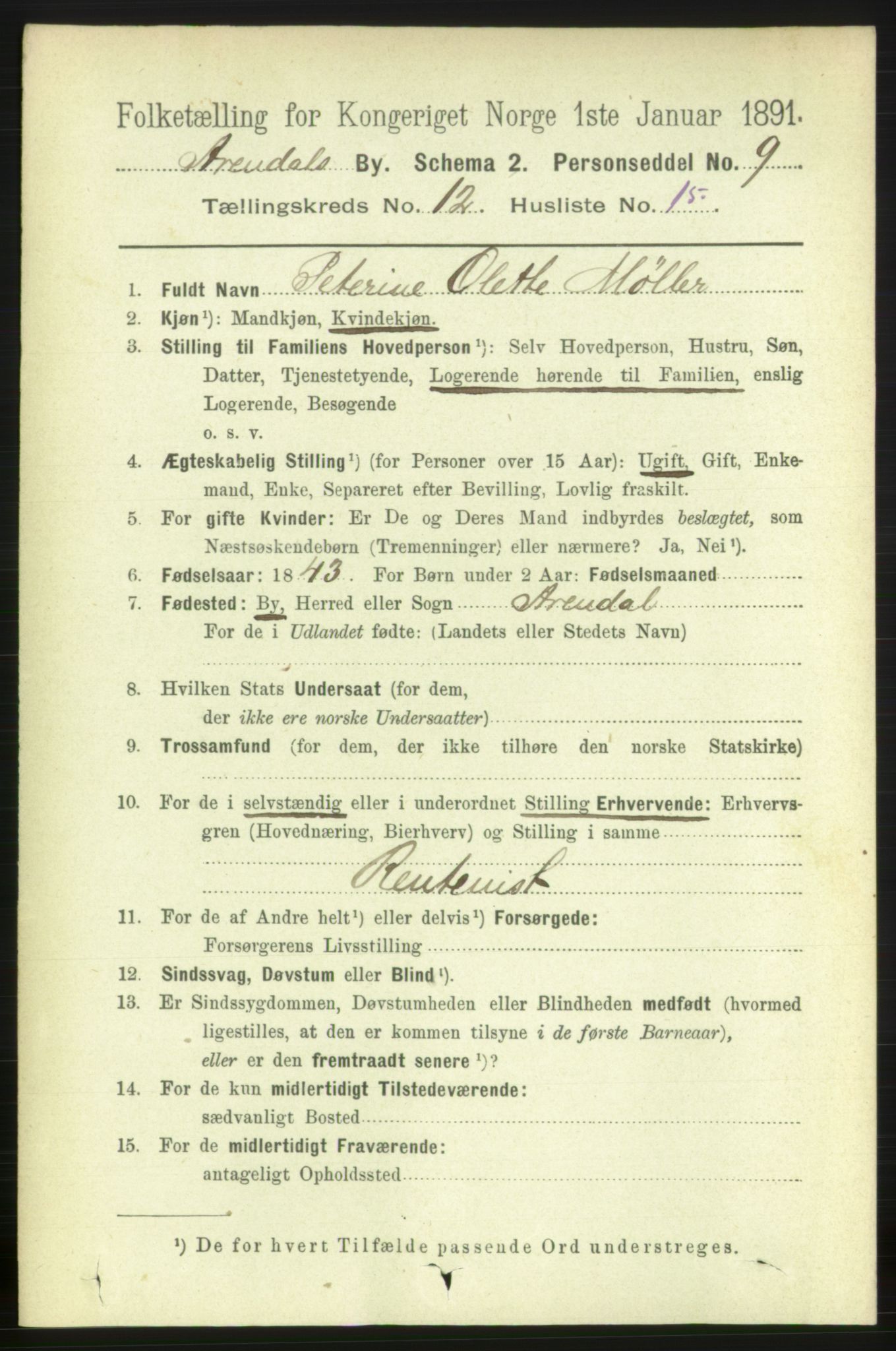 RA, 1891 census for 0903 Arendal, 1891, p. 4359