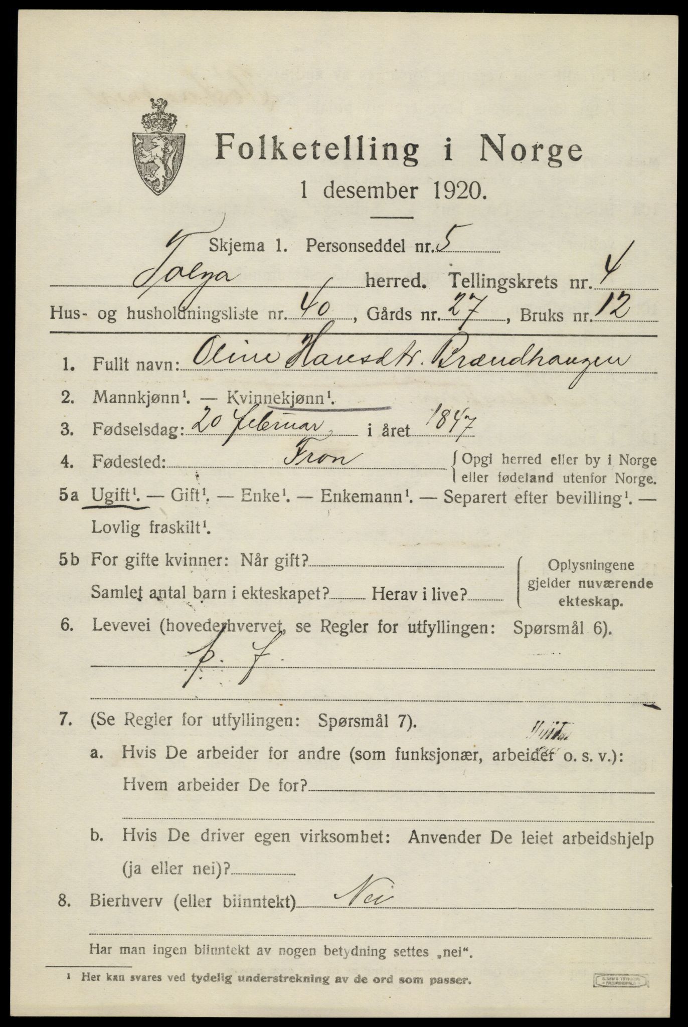 SAH, 1920 census for Tolga, 1920, p. 3063