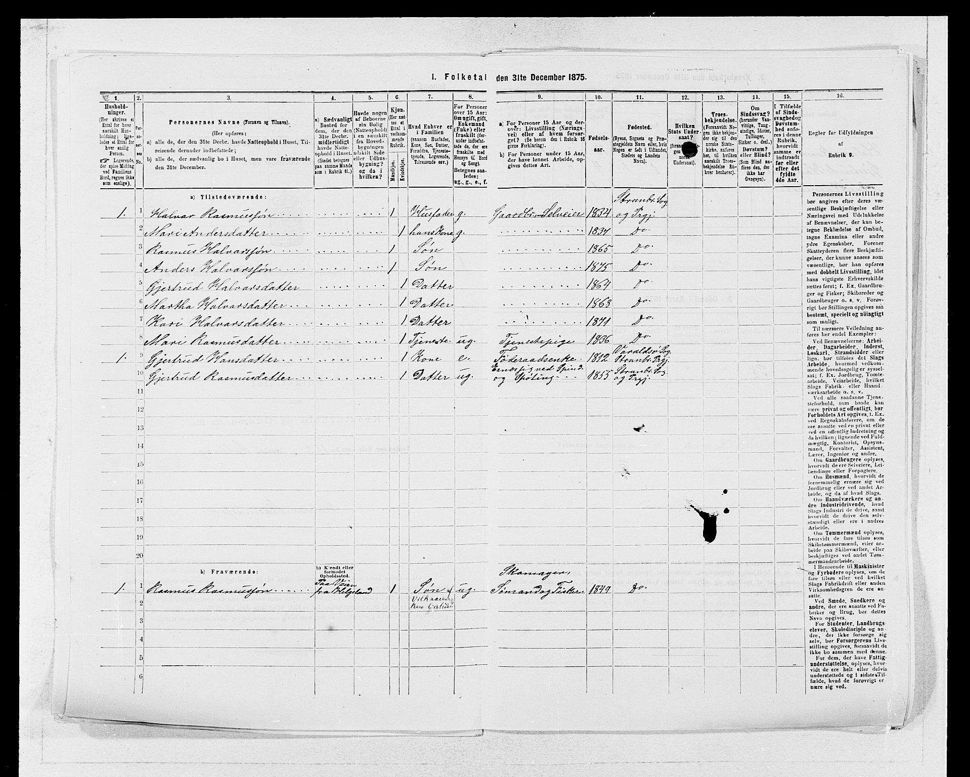 SAB, 1875 census for 1226P Strandebarm, 1875, p. 308