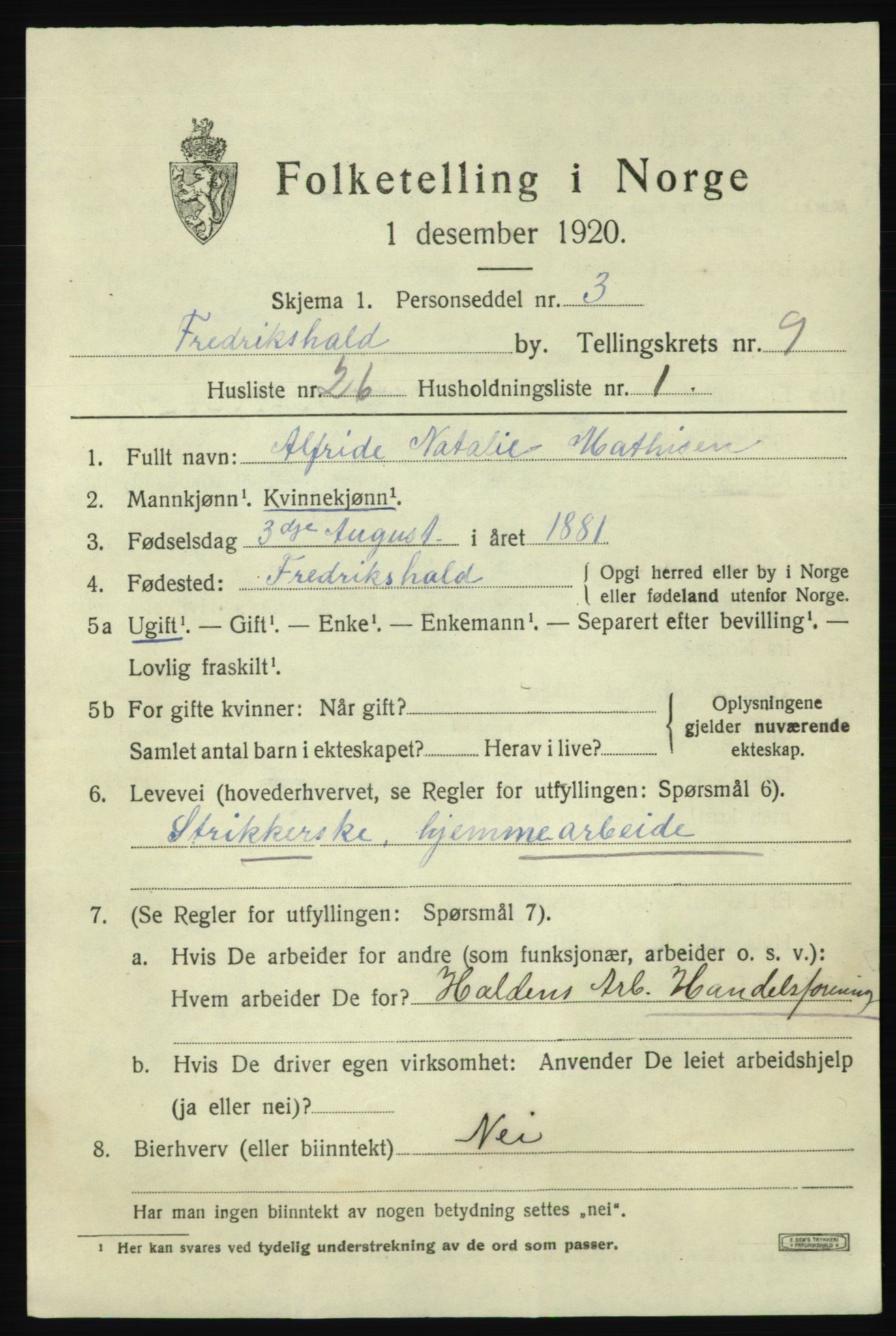 SAO, 1920 census for Fredrikshald, 1920, p. 16359