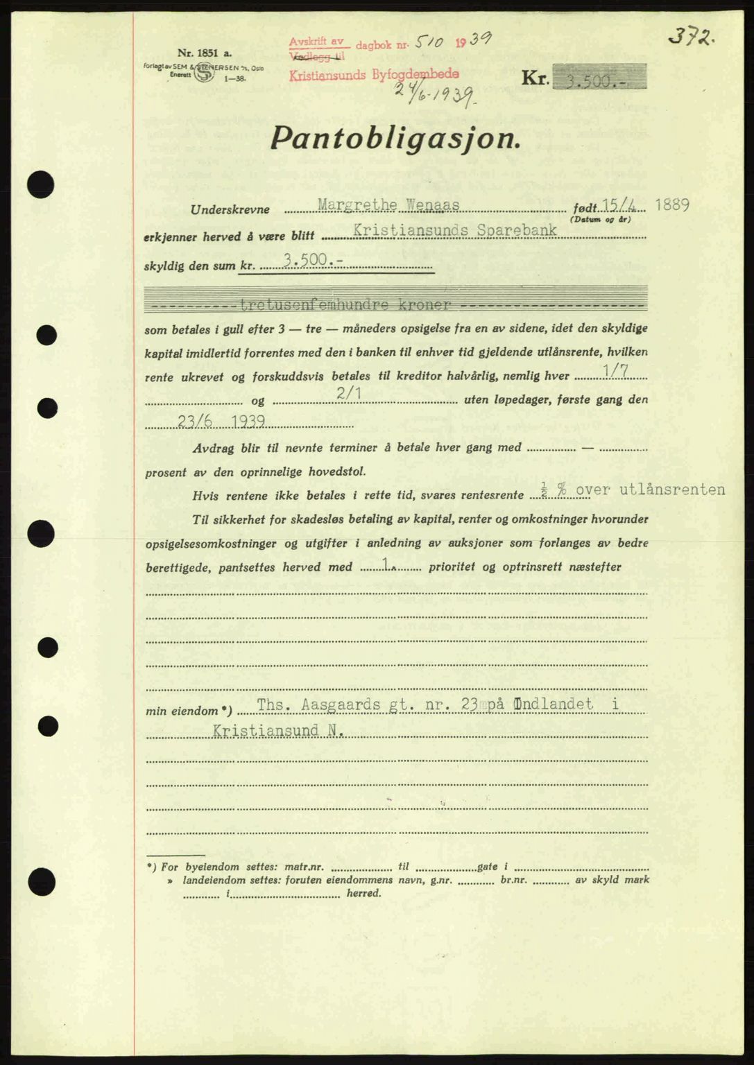 Kristiansund byfogd, SAT/A-4587/A/27: Mortgage book no. 31, 1938-1939, Diary no: : 510/1939