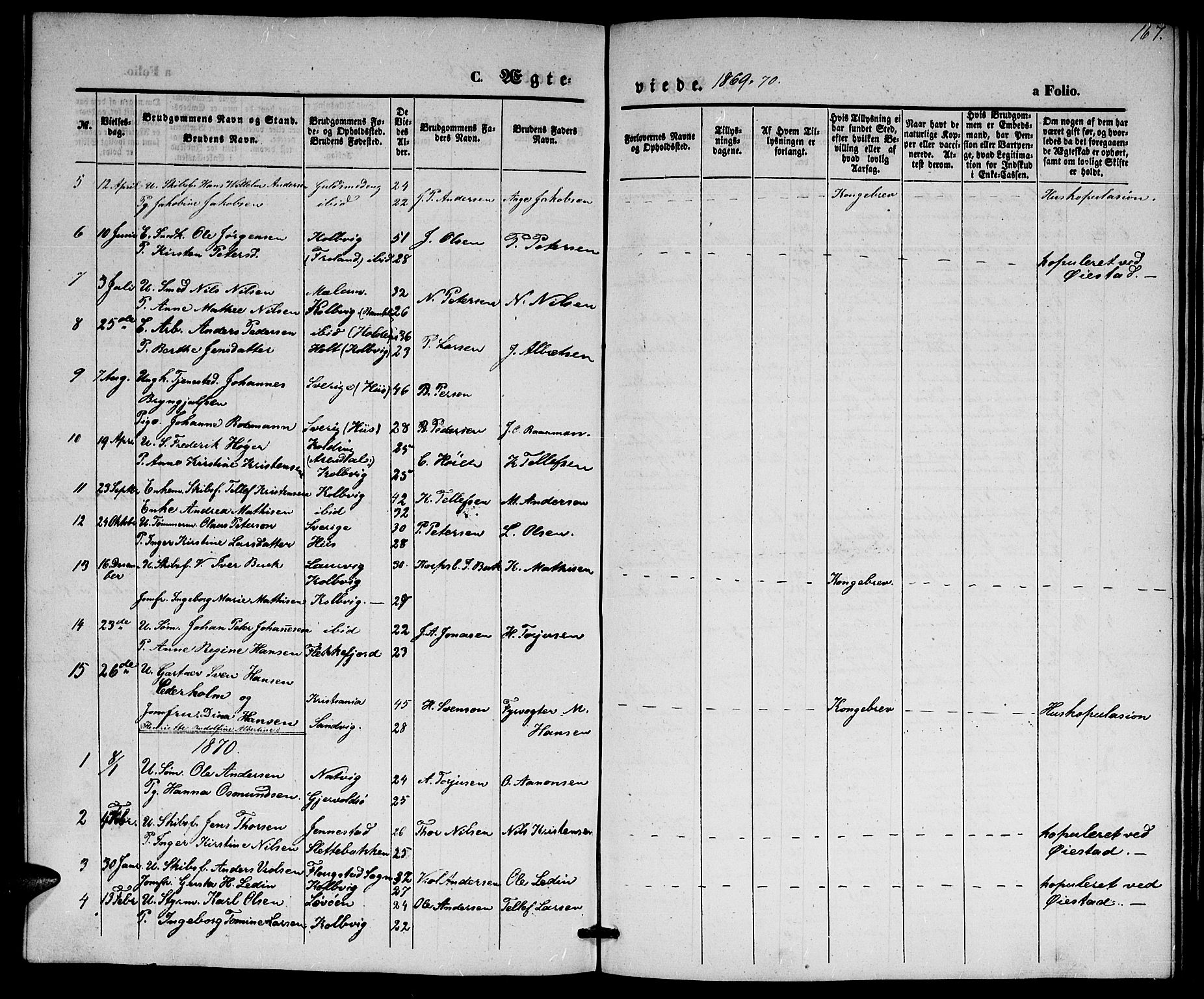 Hisøy sokneprestkontor, SAK/1111-0020/F/Fb/L0001: Parish register (copy) no. B 1, 1849-1872, p. 167