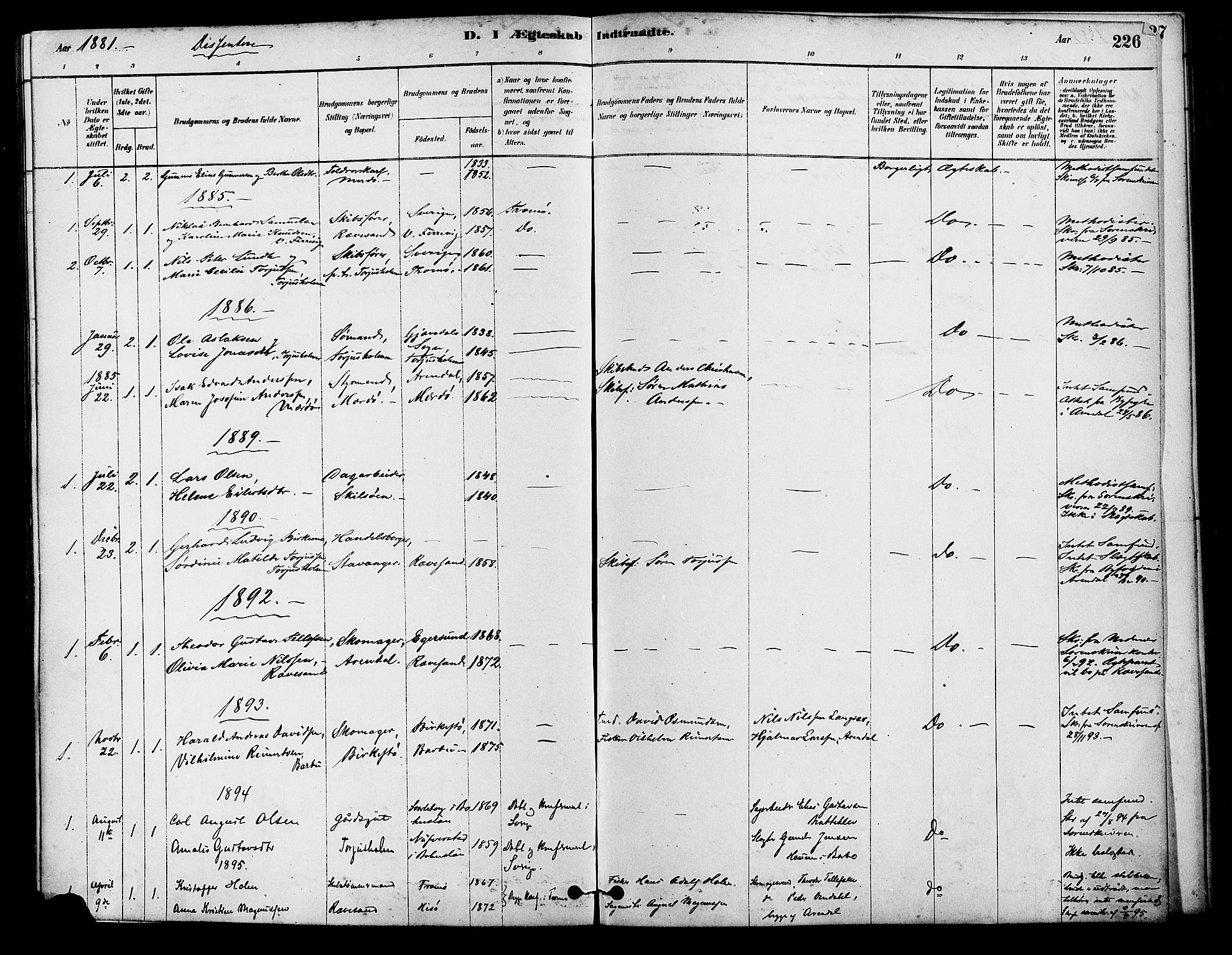 Tromøy sokneprestkontor, AV/SAK-1111-0041/F/Fa/L0009: Parish register (official) no. A 9, 1878-1896, p. 226