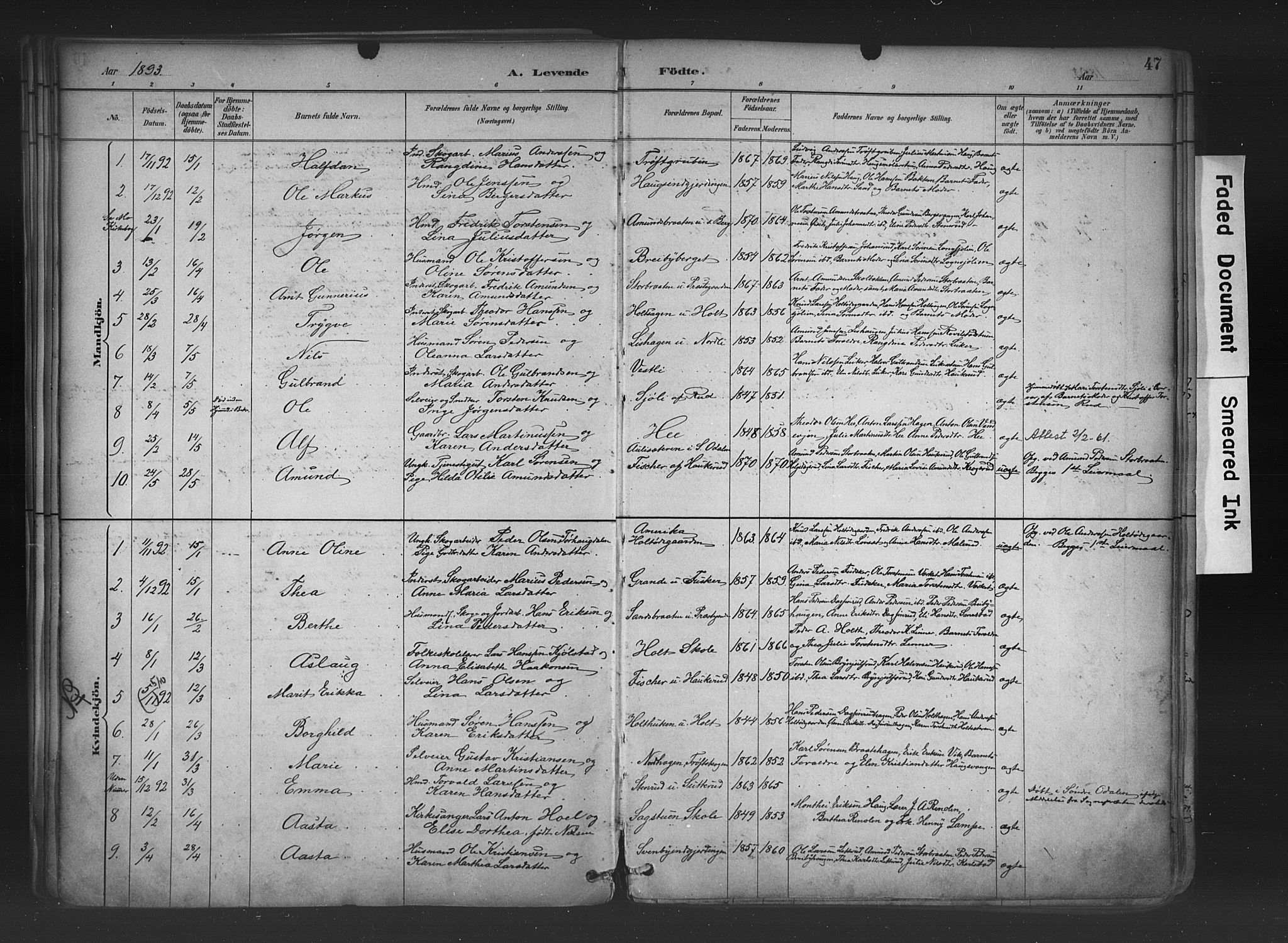 Nord-Odal prestekontor, SAH/PREST-032/H/Ha/Haa/L0006: Parish register (official) no. 6, 1886-1901, p. 47