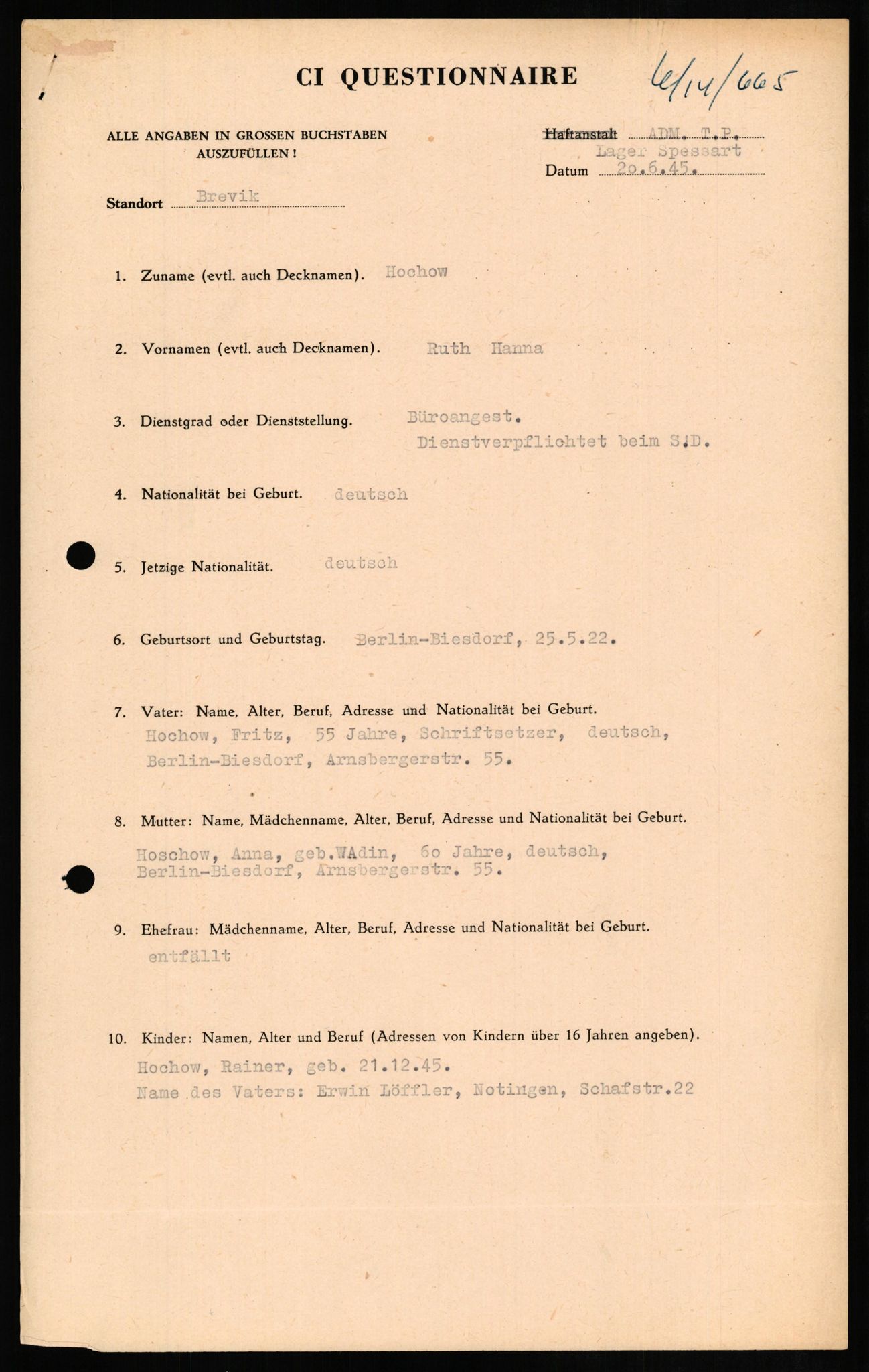 Forsvaret, Forsvarets overkommando II, AV/RA-RAFA-3915/D/Db/L0013: CI Questionaires. Tyske okkupasjonsstyrker i Norge. Tyskere., 1945-1946, p. 321