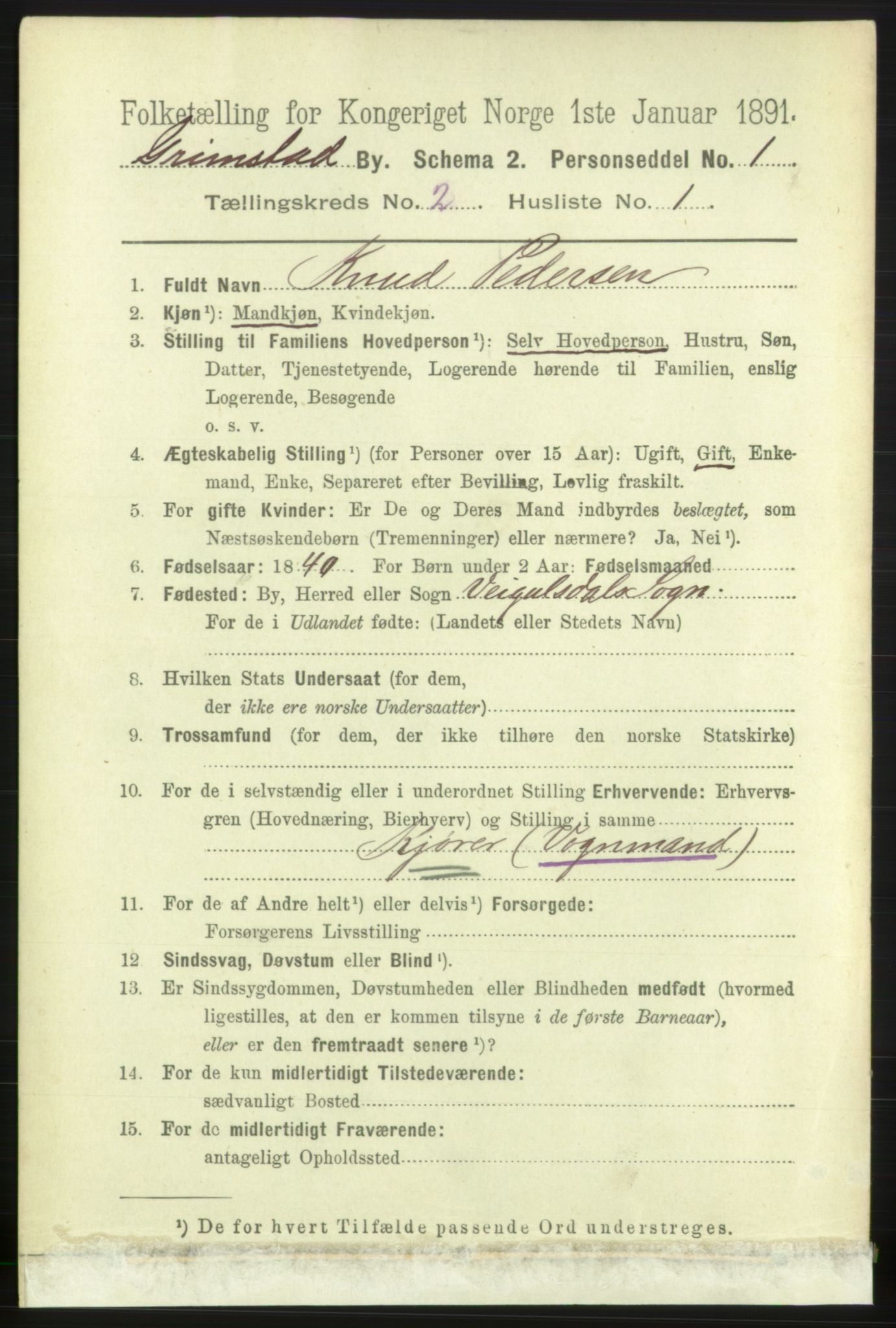 RA, 1891 census for 0904 Grimstad, 1891, p. 1494