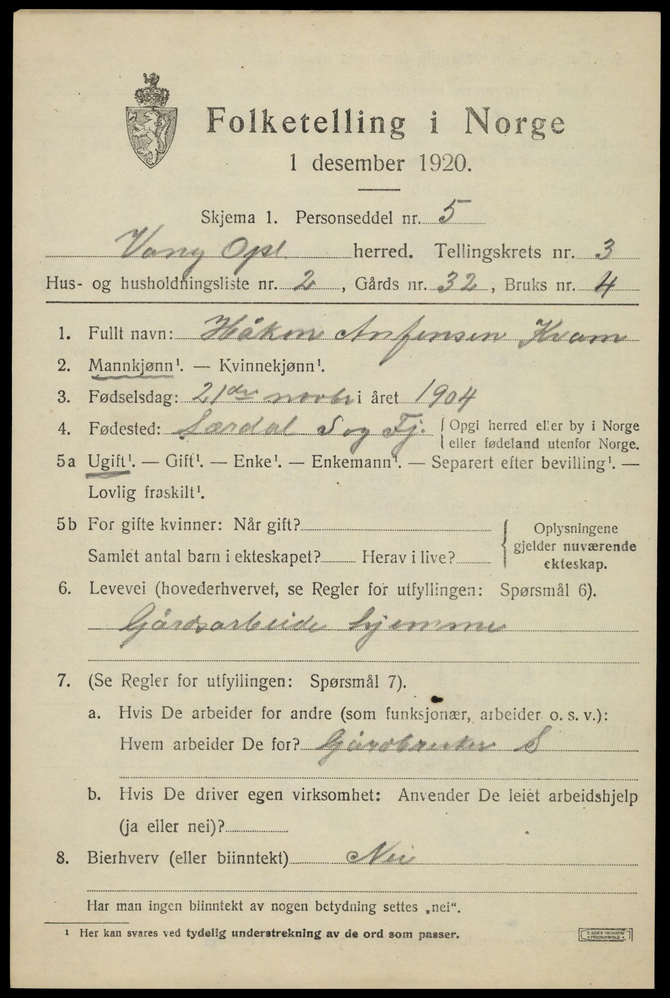 SAH, 1920 census for Vang (Oppland), 1920, p. 1363