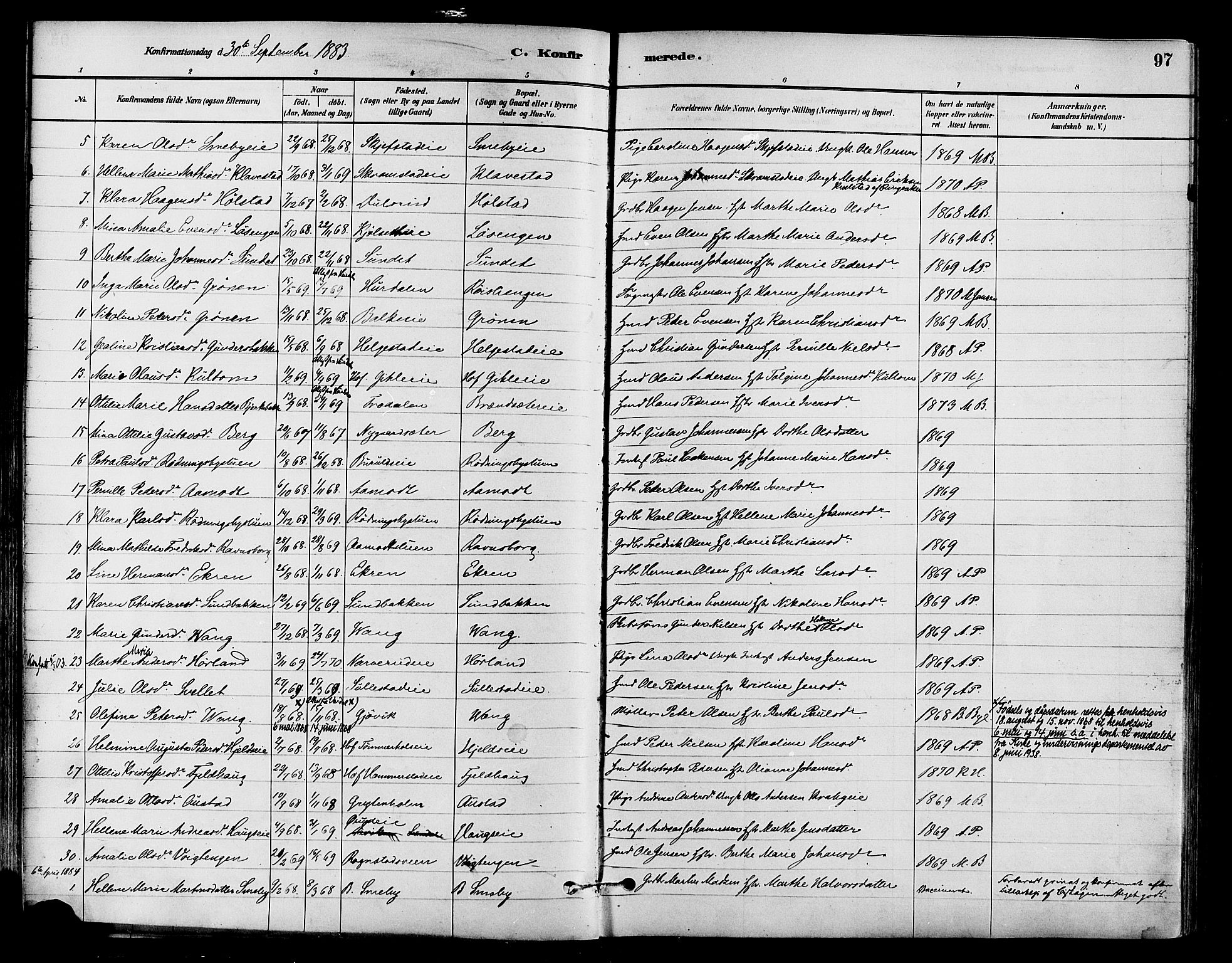 Østre Toten prestekontor, AV/SAH-PREST-104/H/Ha/Haa/L0007: Parish register (official) no. 7, 1881-1896, p. 97