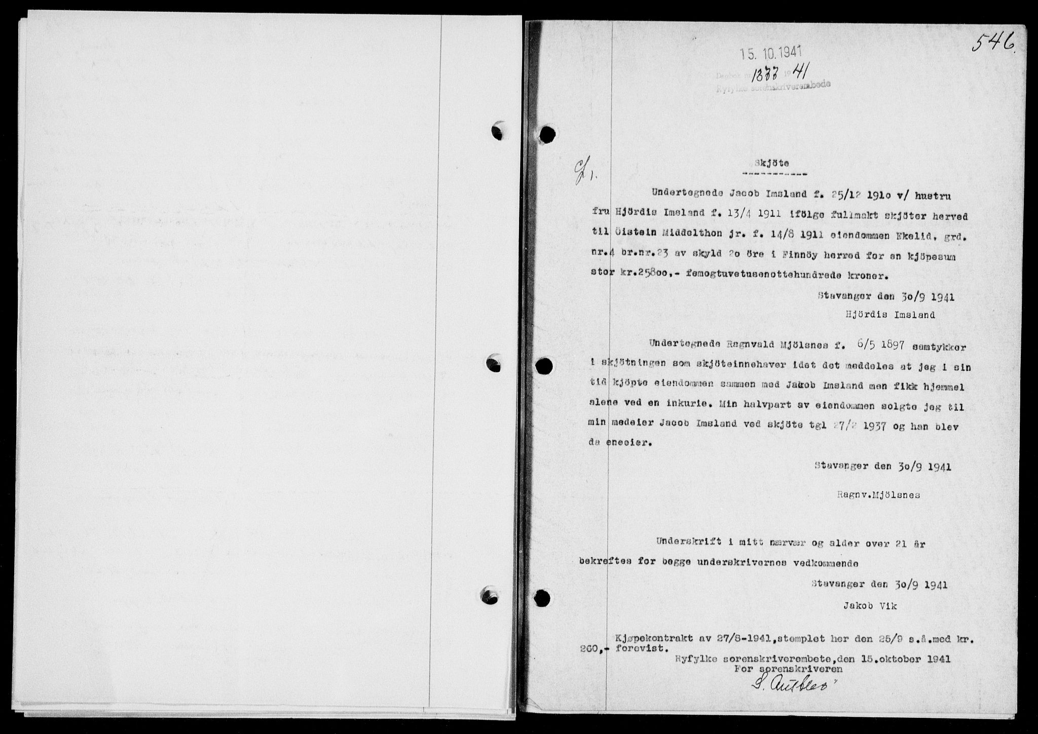 Ryfylke tingrett, SAST/A-100055/001/II/IIB/L0085: Mortgage book no. 64, 1941-1941, Diary no: : 1377/1941