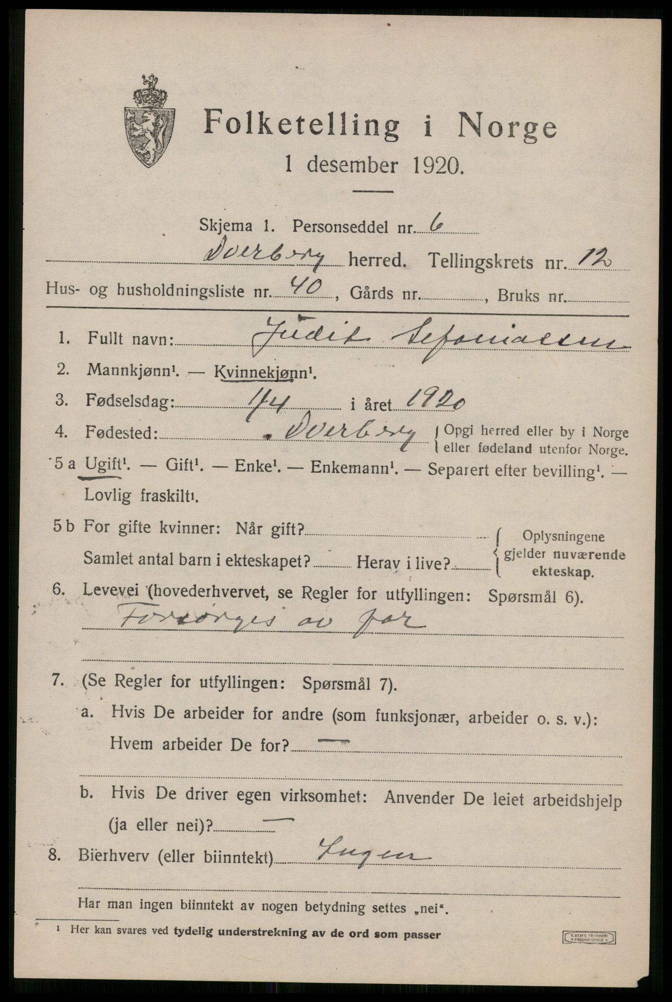 SAT, 1920 census for Dverberg, 1920, p. 9884